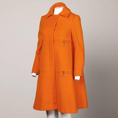 Mary Quant Vintage 1960s Mod Orange Wool Trapeze Swing Coat with Ring Pulls