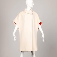 Via Veneto 1960s Vintage Ivory Italian Wool Cape Coat with Cherry Red Lining