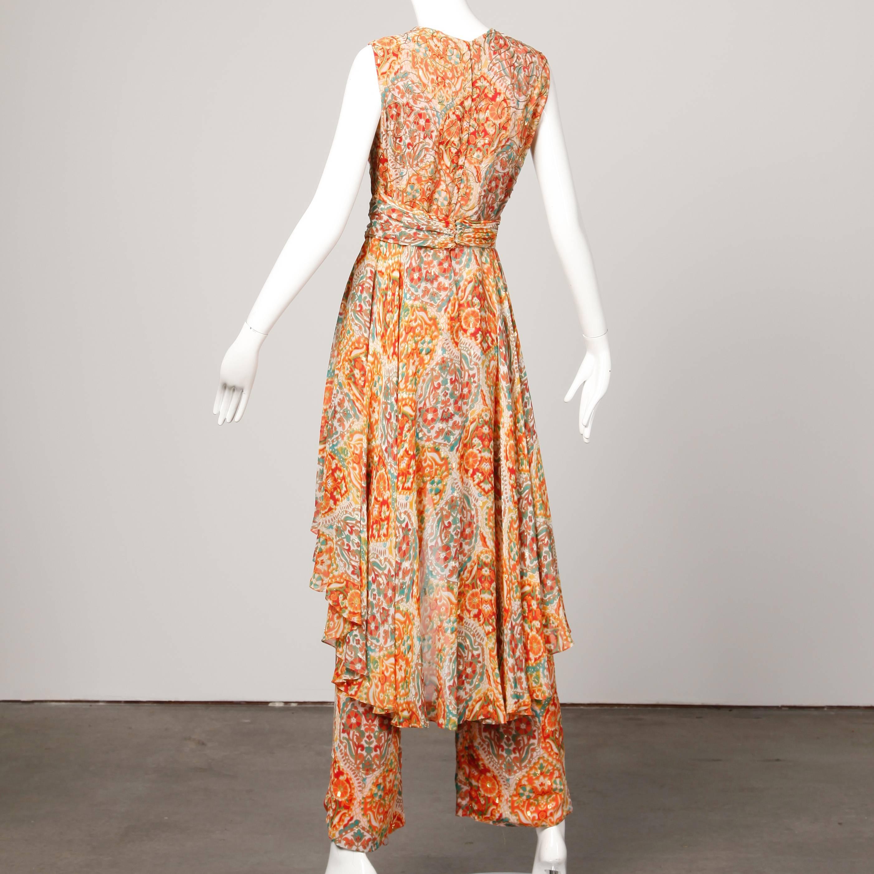 rose and metallic gold 1960s oscar de la renta paisley print dress