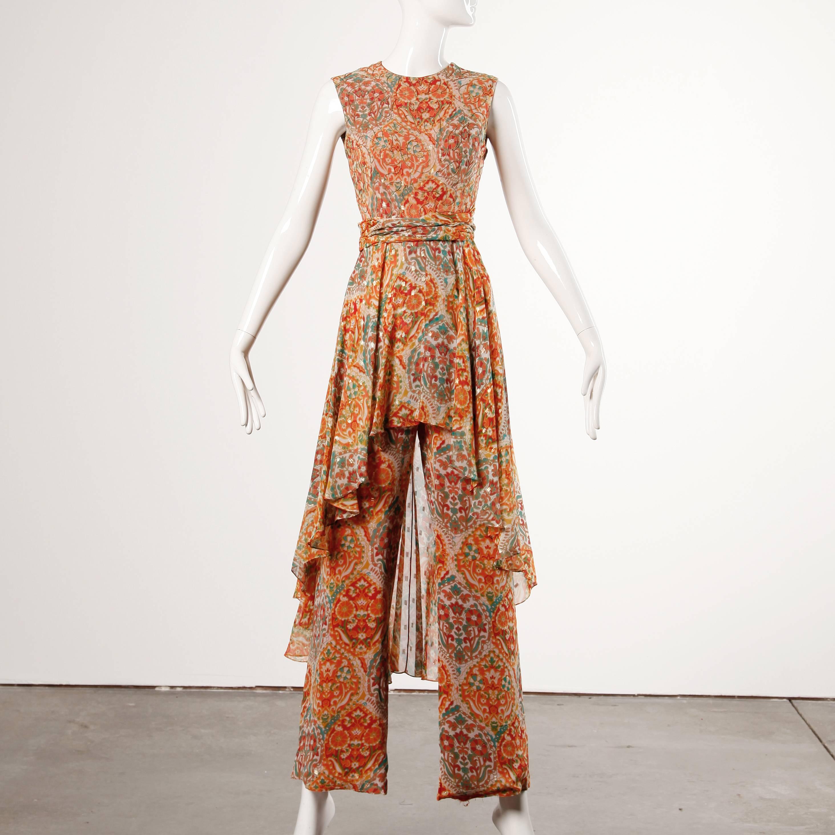 Oscar de la Renta 1960s Vintage Metallic Paisley Print Jumpsuit Dress with Skirt In Excellent Condition In Sparks, NV