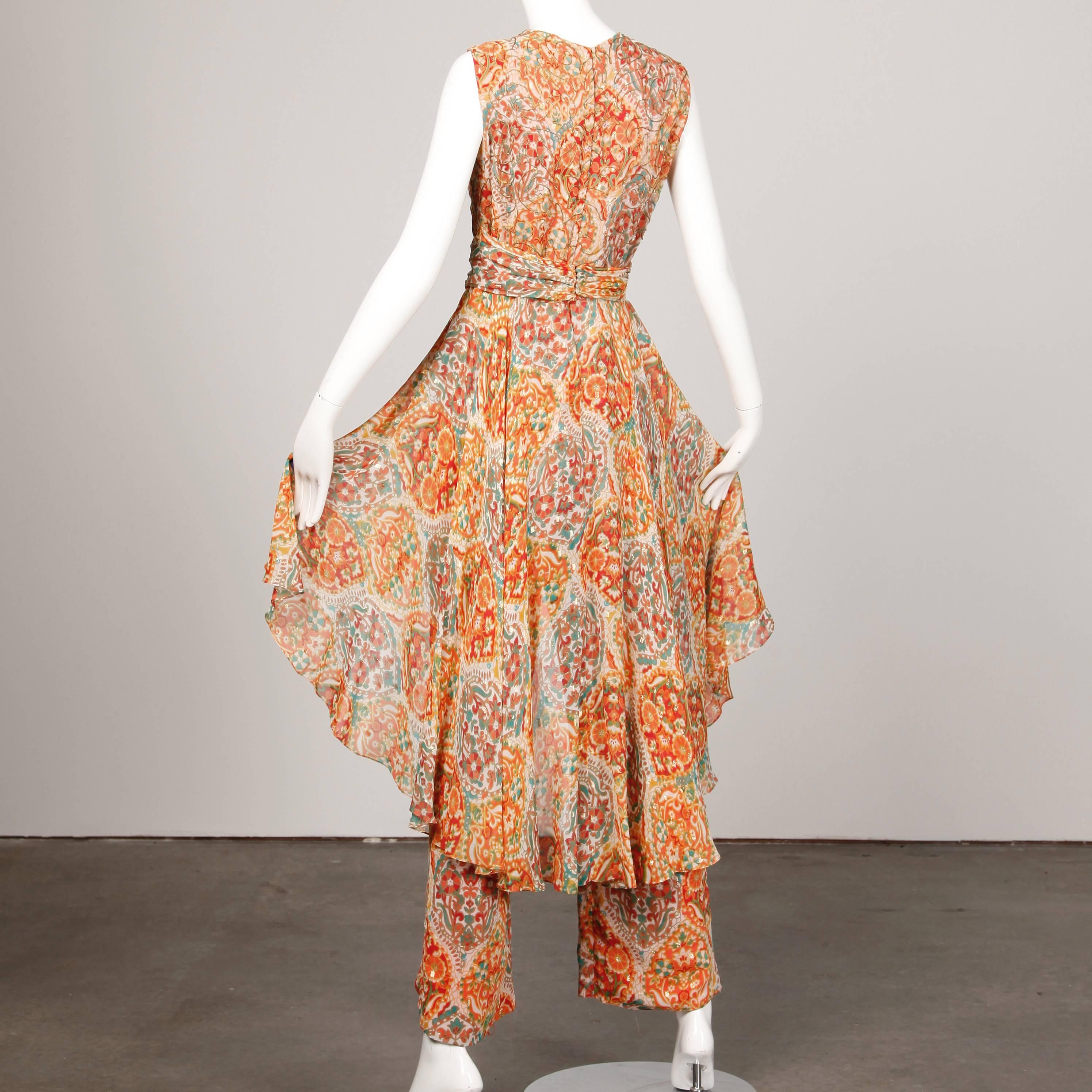 Oscar de la Renta 1960s Vintage Metallic Paisley Print Jumpsuit Dress with Skirt 1