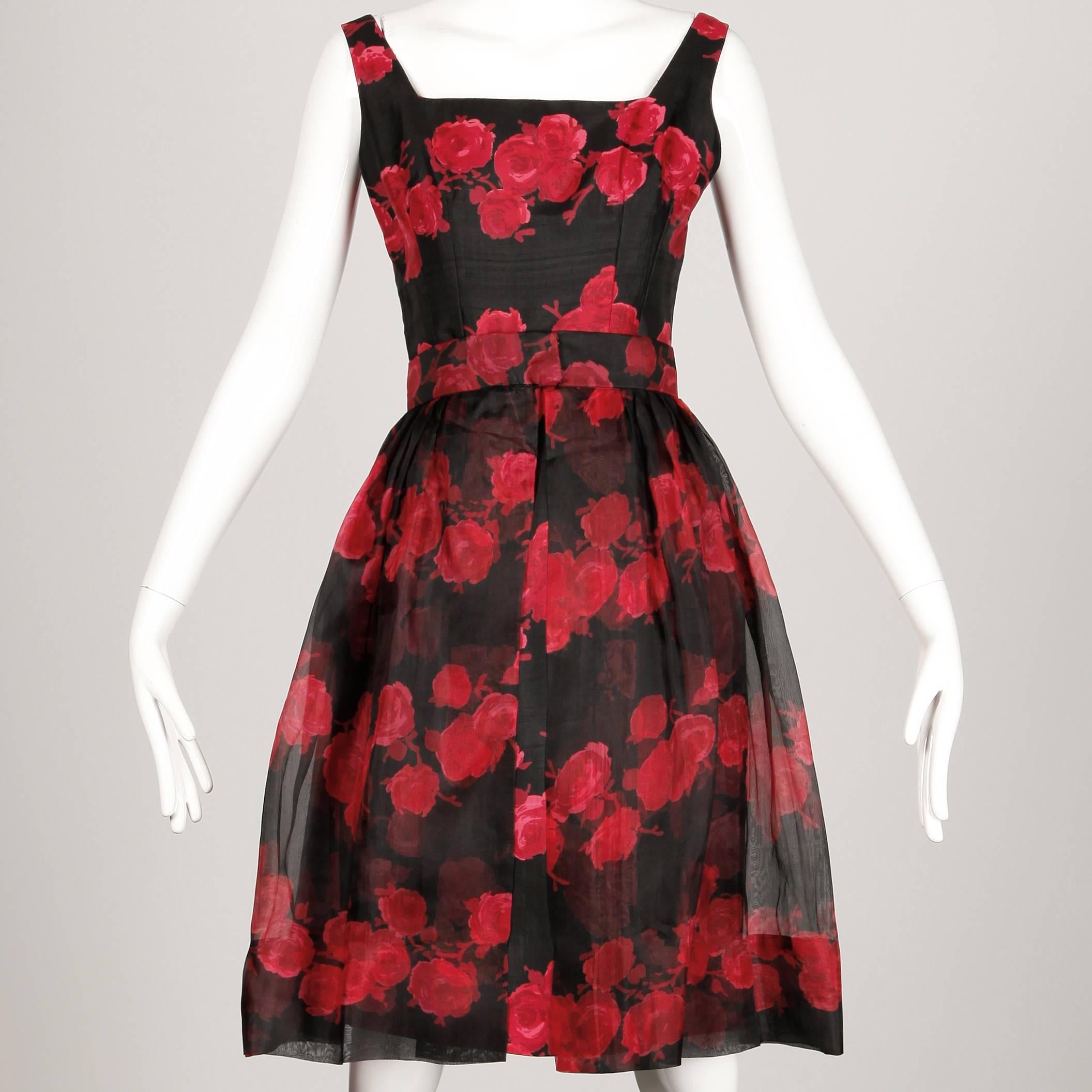 Black 1960s Silk Floral Print Cocktail Dress with Detachable Skirt For Sale