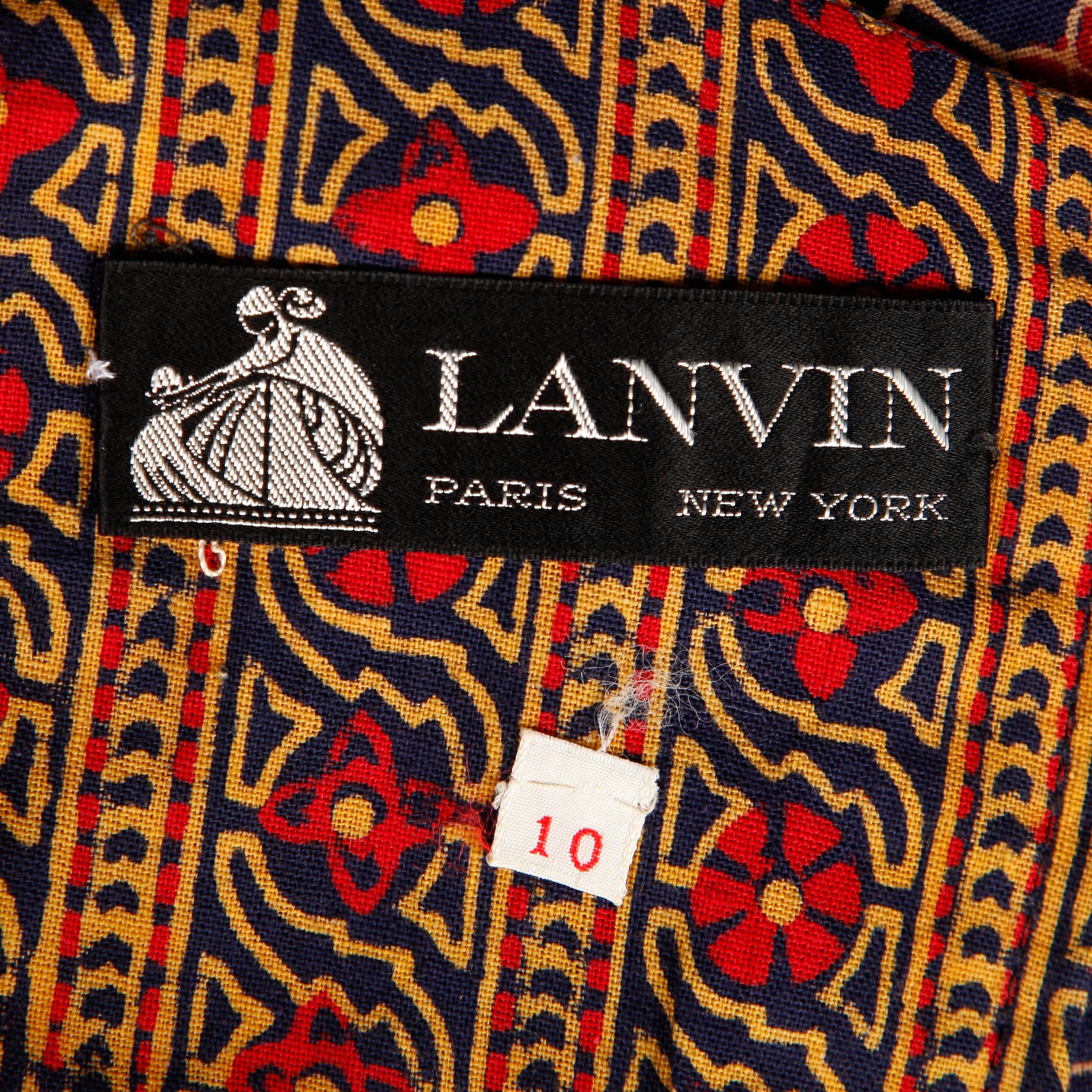 Amazing black label Lanvin from the 1970s! Indian batik print cotton with long sleeves. Fully lined. Rear zip closure. The marked size is 10, and the dress fits like a modern size small-medium. The measurements are as follows: Bust- 34-36