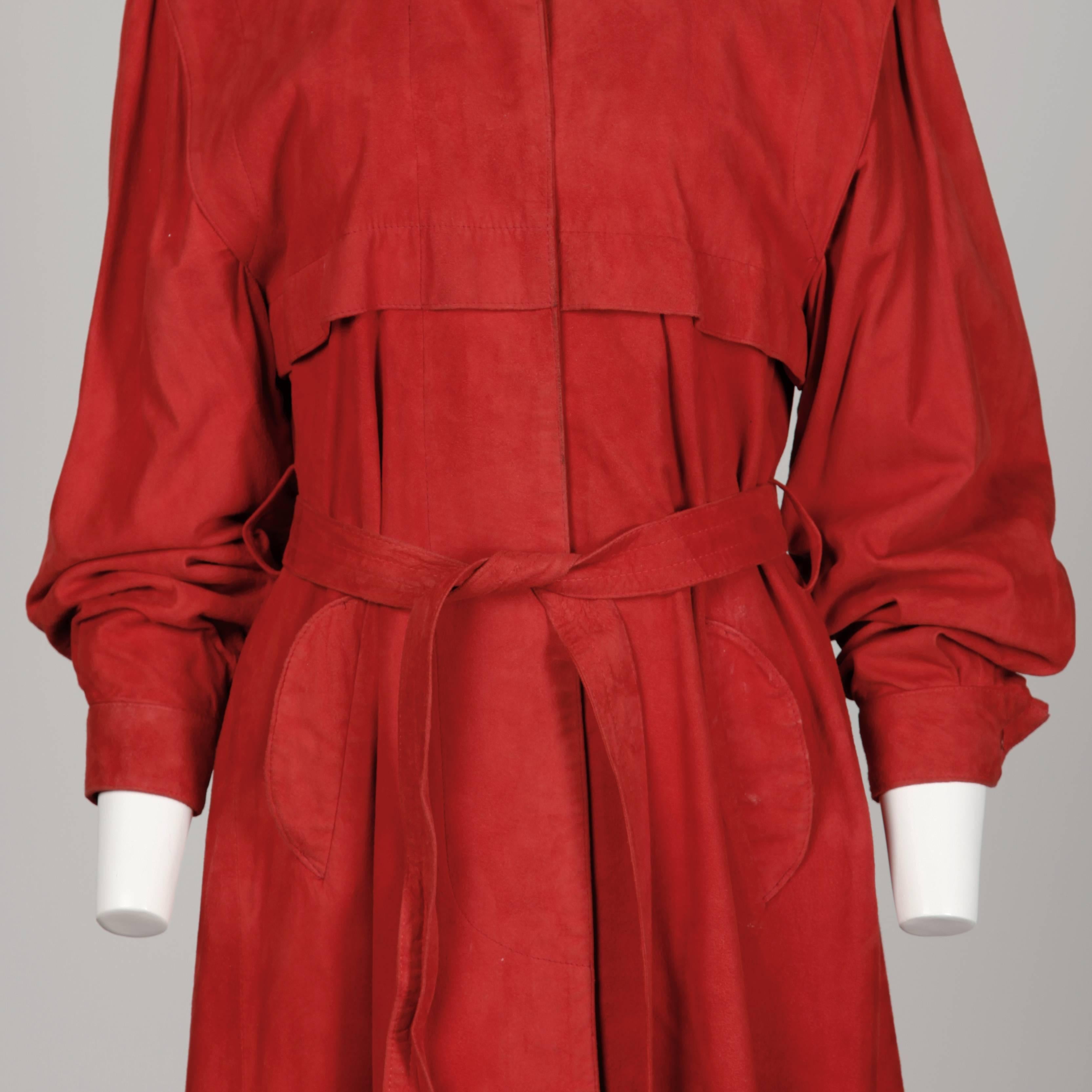 Fendi Vintage Red Suede Leather Trench Coat and Matching Sash Belt, 1990s 3