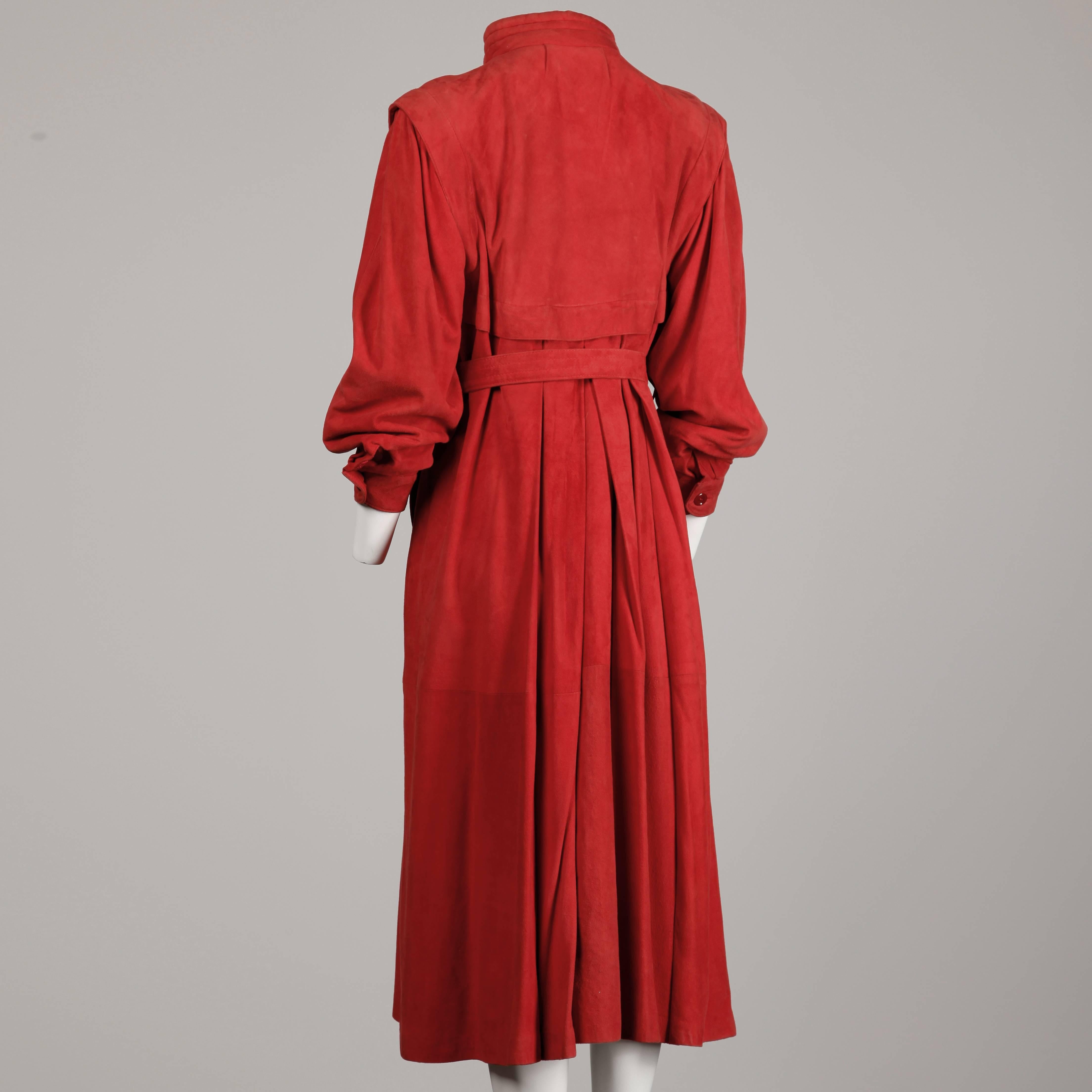 Fendi Vintage Red Suede Leather Trench Coat and Matching Sash Belt, 1990s 1