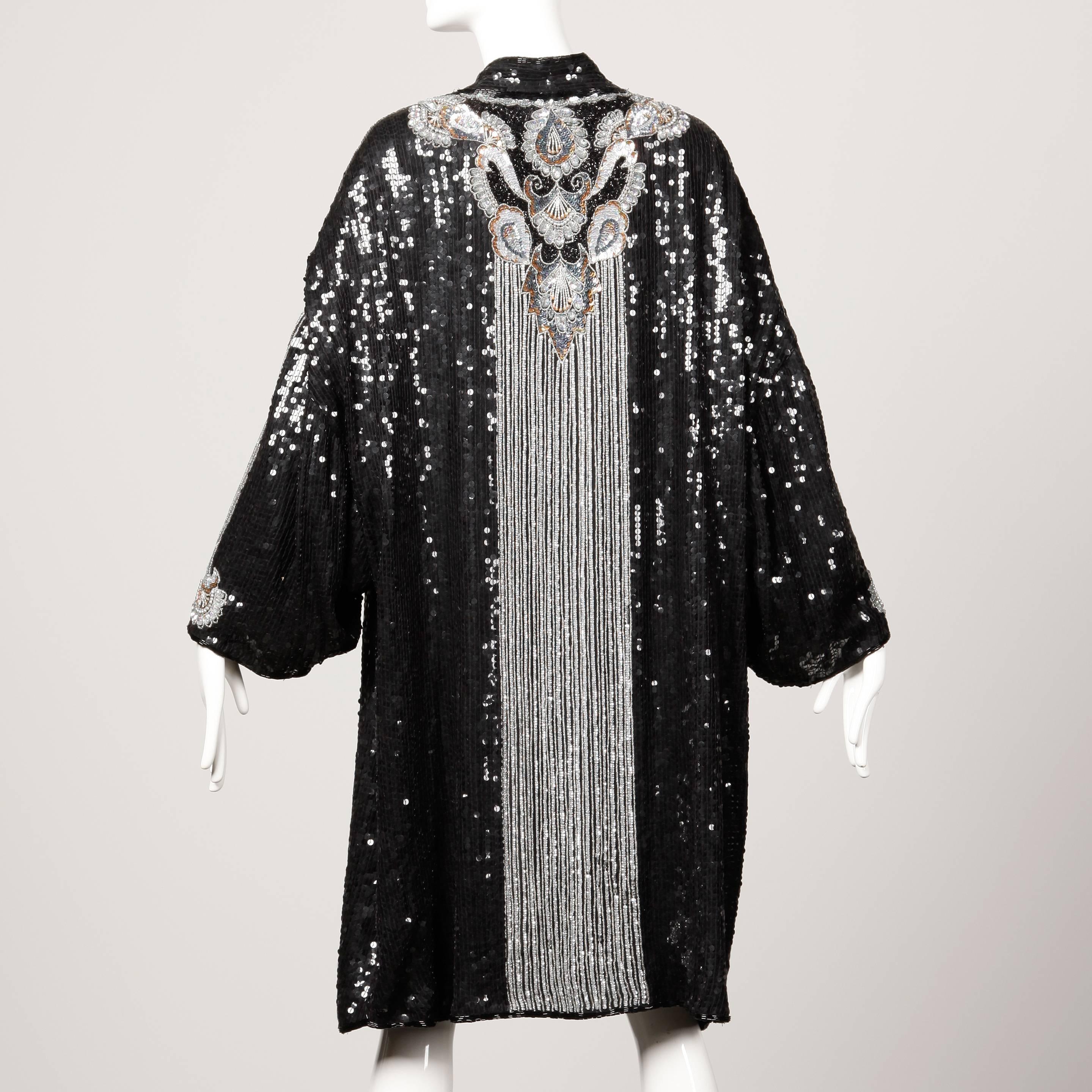 Judith Ann Vintage Art Deco Silk Sequin + Beaded Kimono Duster Jacket or Coat In Excellent Condition In Sparks, NV