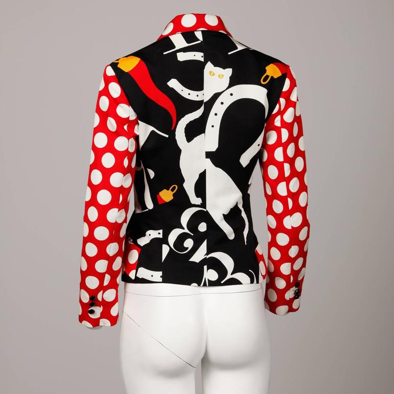 Iconic Moschino Vintage 90s Pop Art Blazer Jacket with Lucky 13, Horseshoe + Cat In Excellent Condition For Sale In Sparks, NV