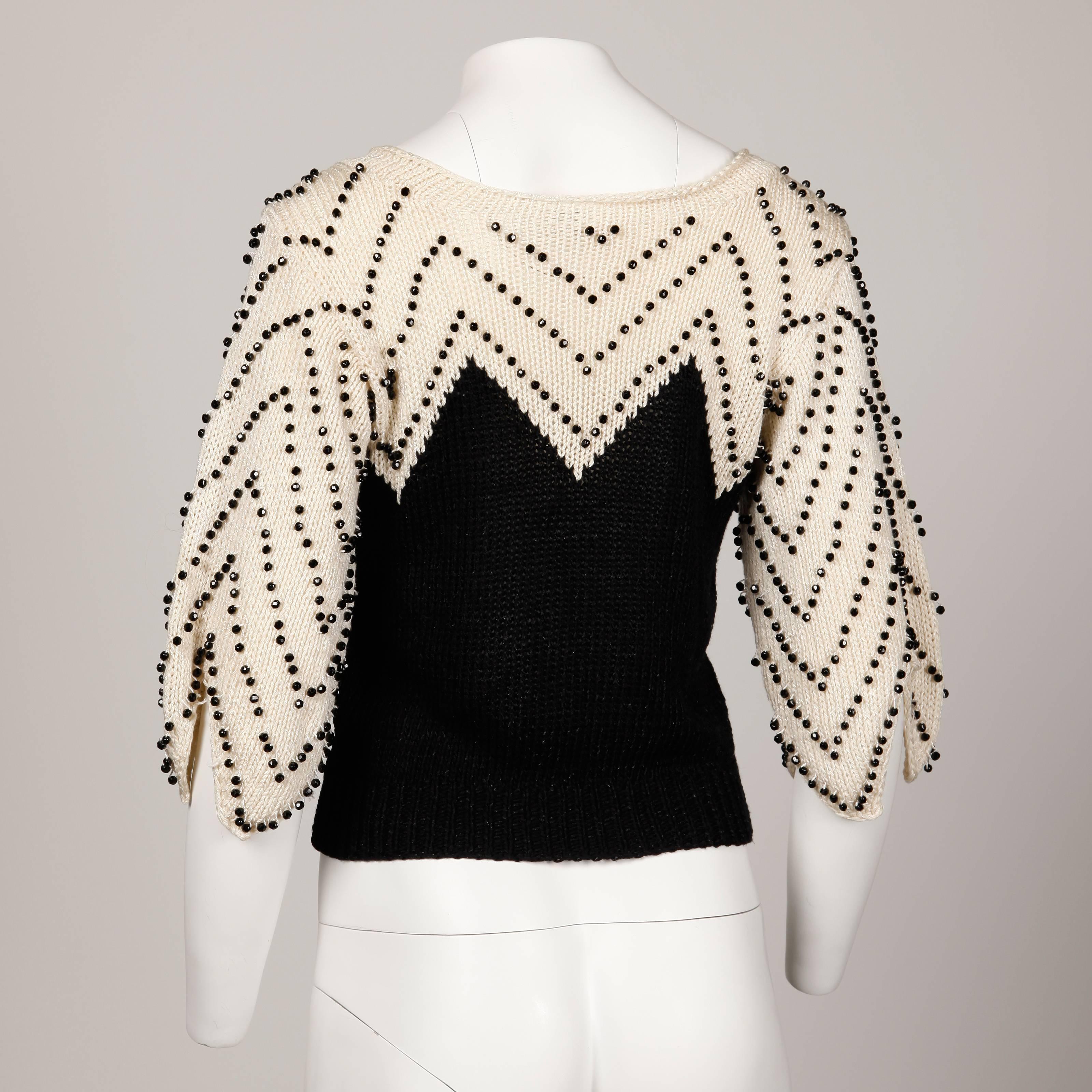Women's Lillie Rubin Vintage Hand-Knit Chevron Zig Zag Beaded Sweater Top