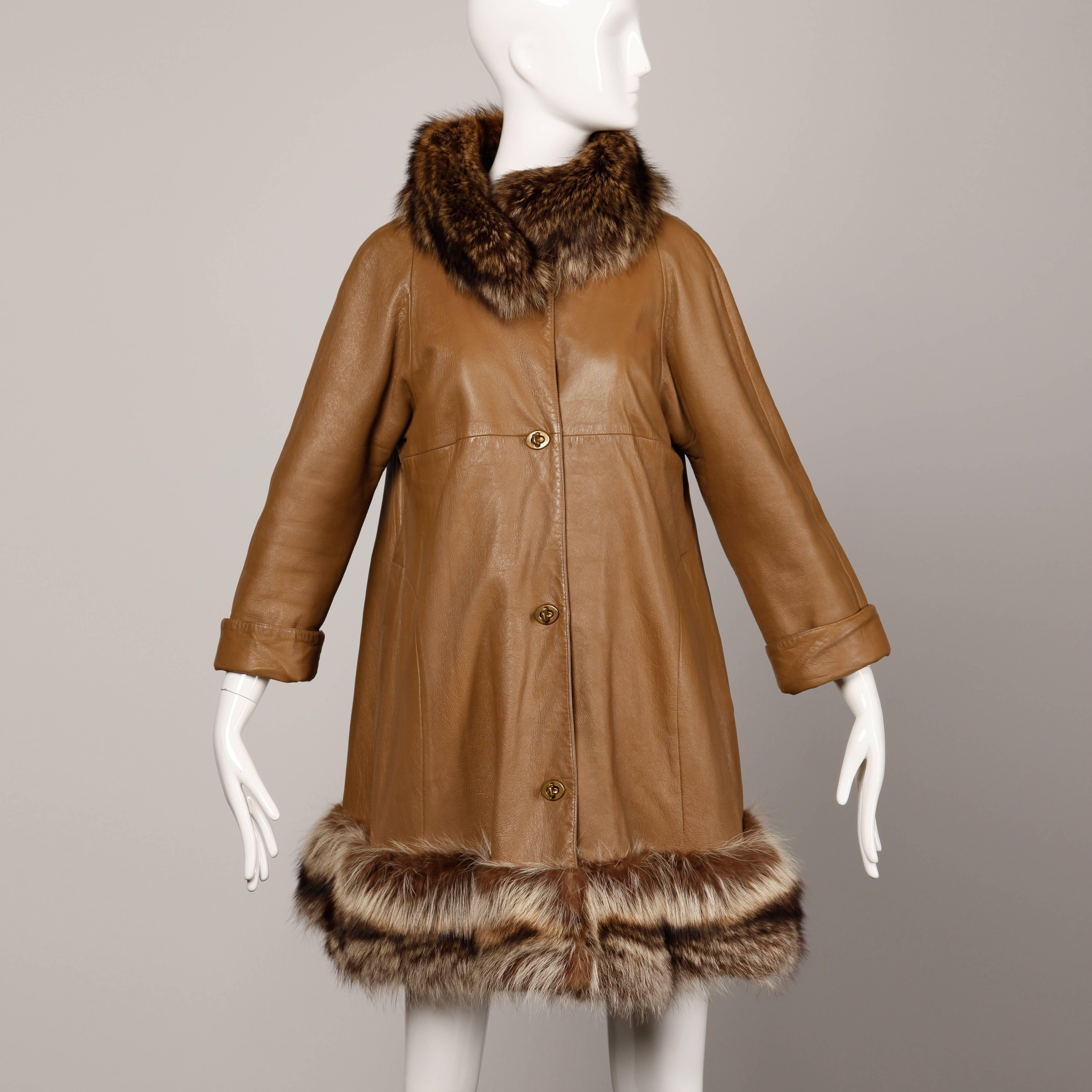 Brown 1960s Bonnie Cashin Vintage Leather Trapeze Coat with Fur Trim
