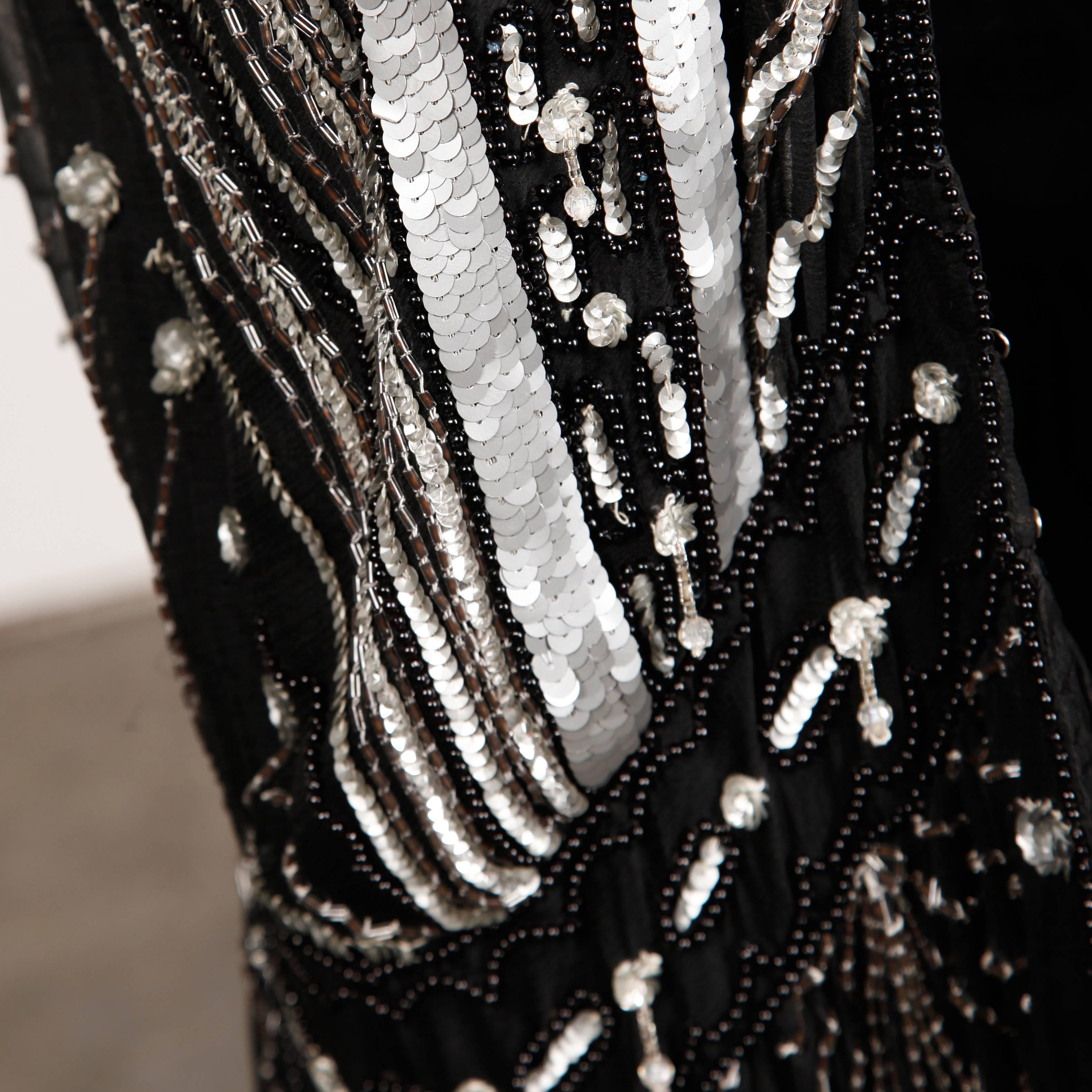 Black Vintage 100% Silk Beaded Sequin Art Deco Kimono Duster Jacket or Coat
