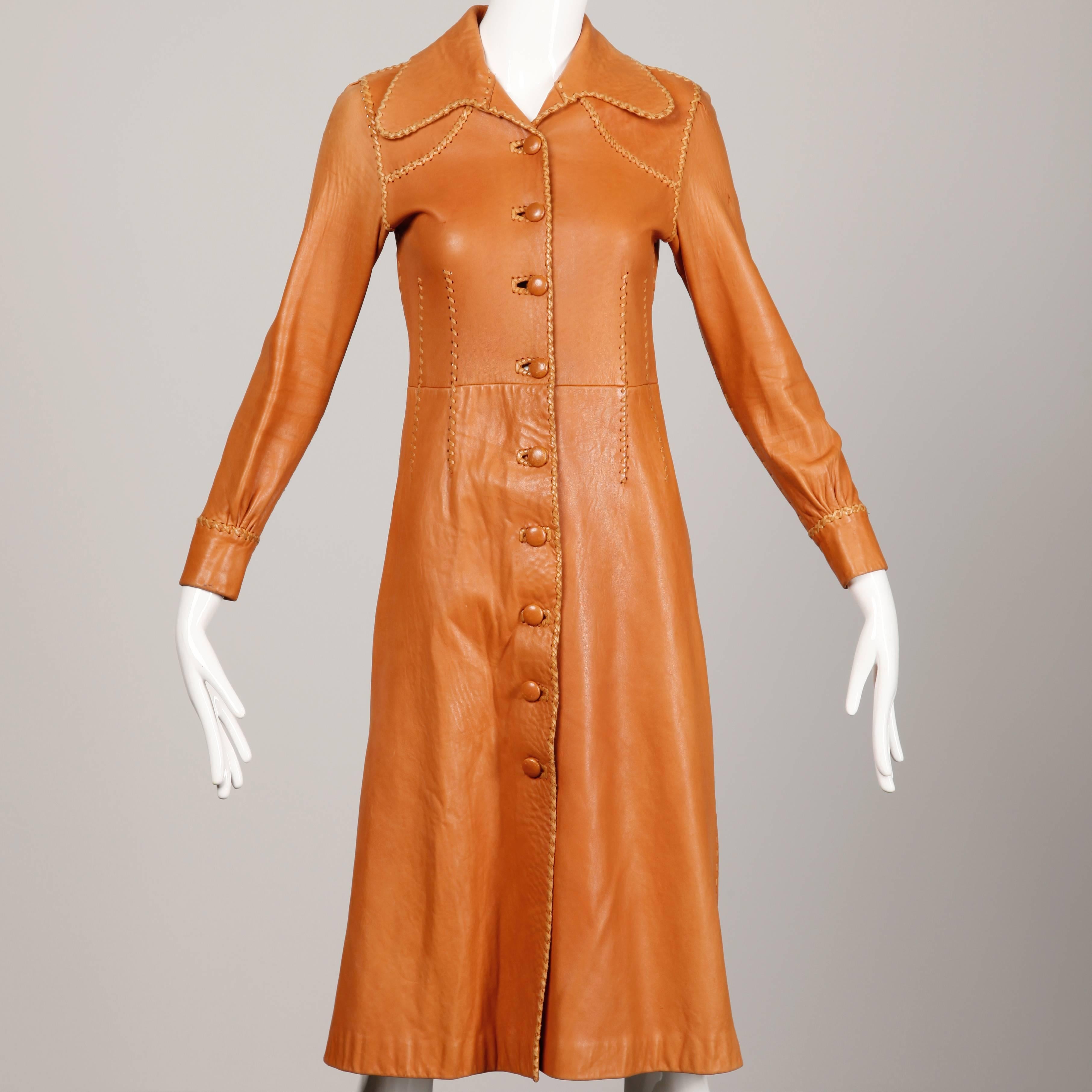 Orange 1970s Pieles Pitic North Beach Leather Vintage Handmade Whipstitch Coat