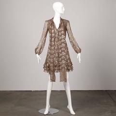 Stella McCartney Metallic Gold + Taupe Silk Dress with Ascot Tie