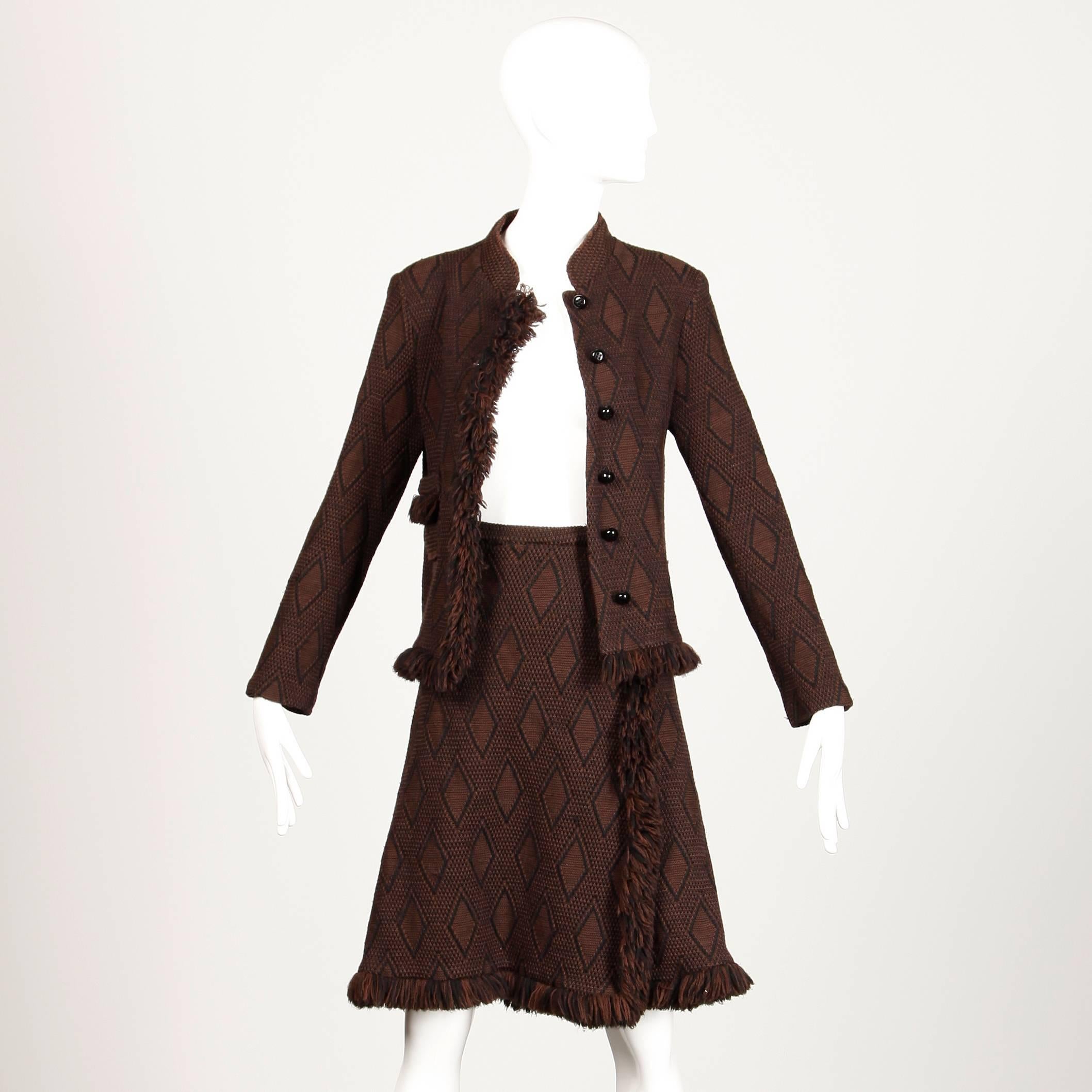 1970s Goldworm Vintage Brown Black Knit Italian Wool Jacket + Skirt Ensemble 4