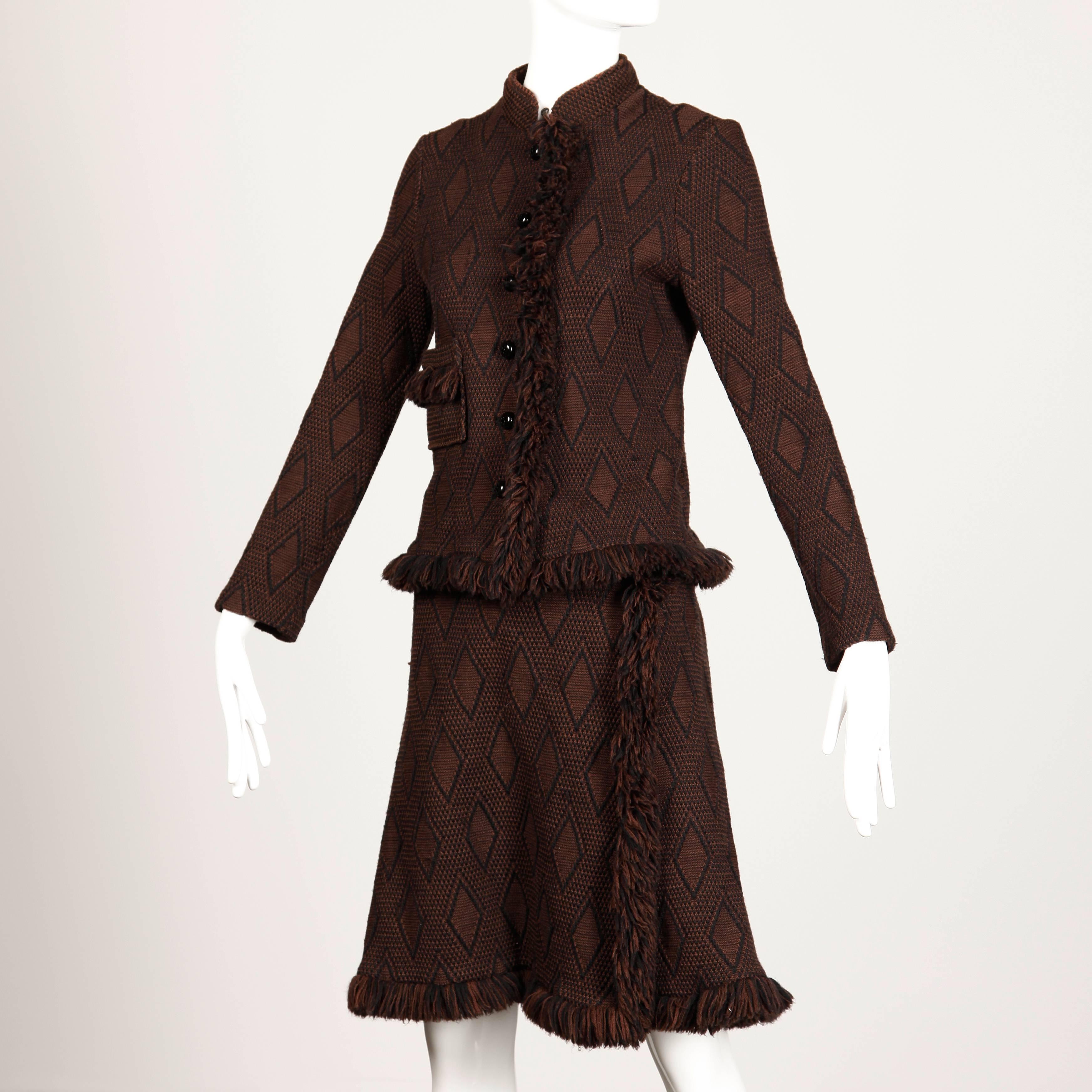 Women's 1970s Goldworm Vintage Brown Black Knit Italian Wool Jacket + Skirt Ensemble