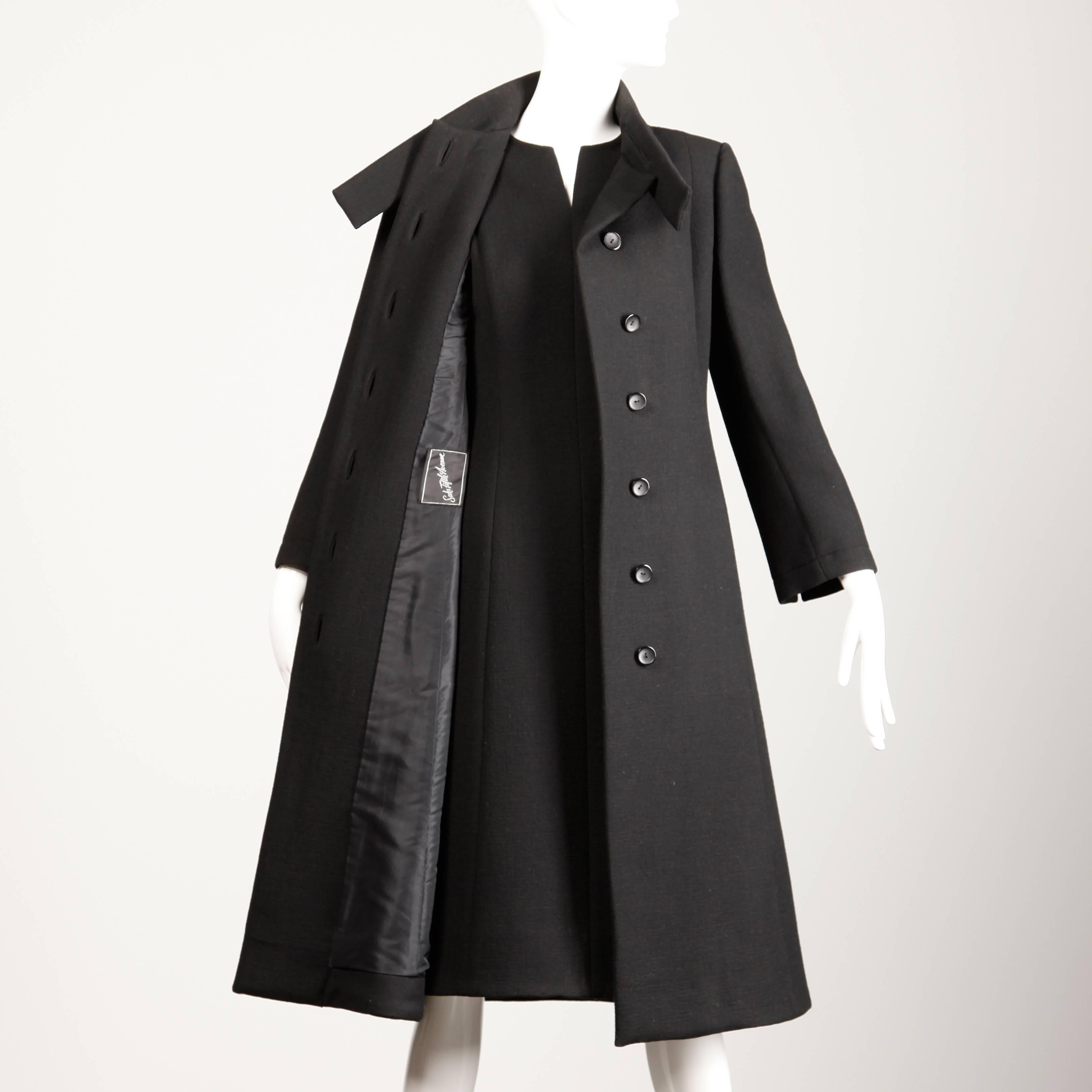 1960s Pauline Trigere Vintage Black Wool Silk Dress + Coat 2-Piece Ensemble 2