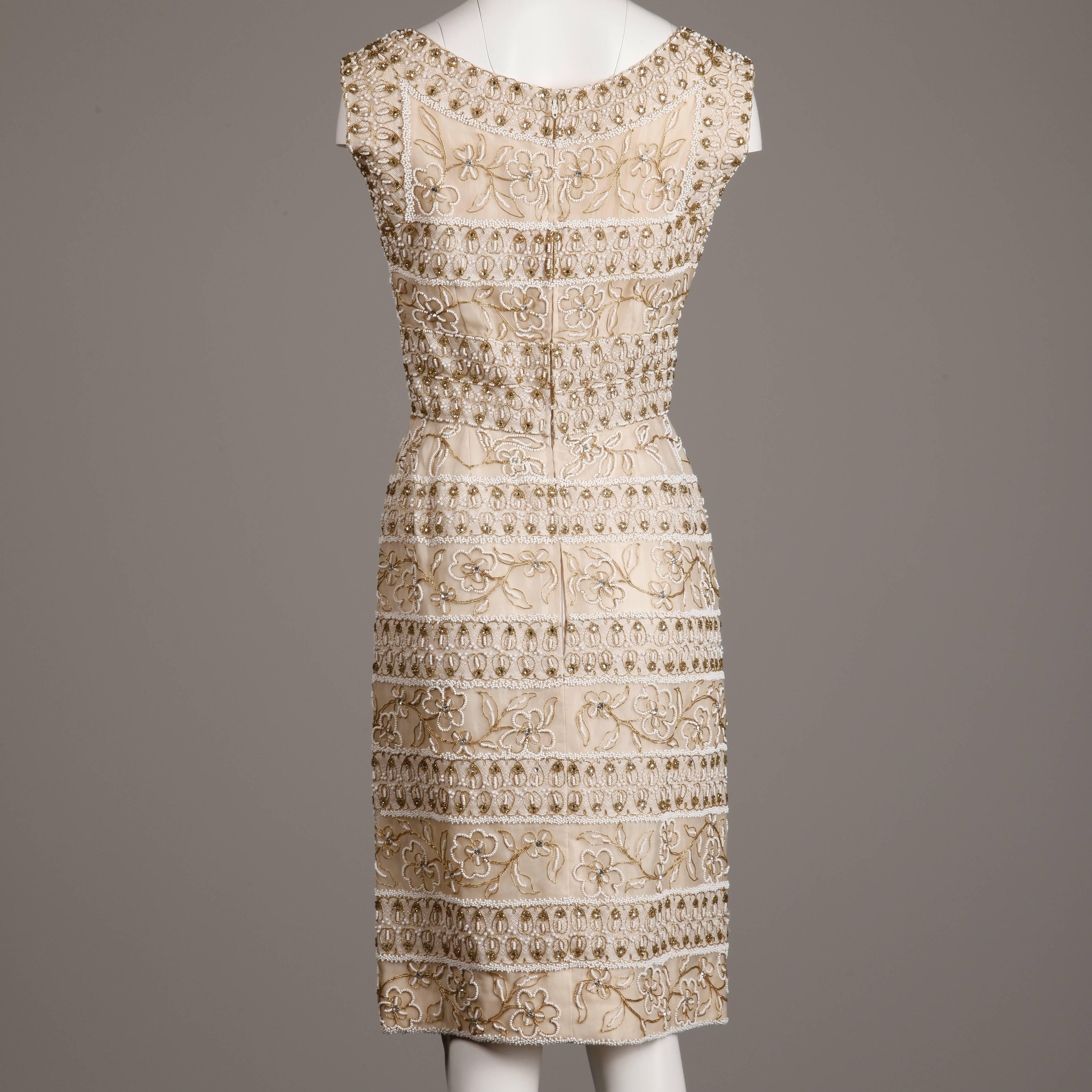 Beige 1960s Larry Aldrich Vintage Heavily Beaded Silk Dress with Lace + Rhinestones 