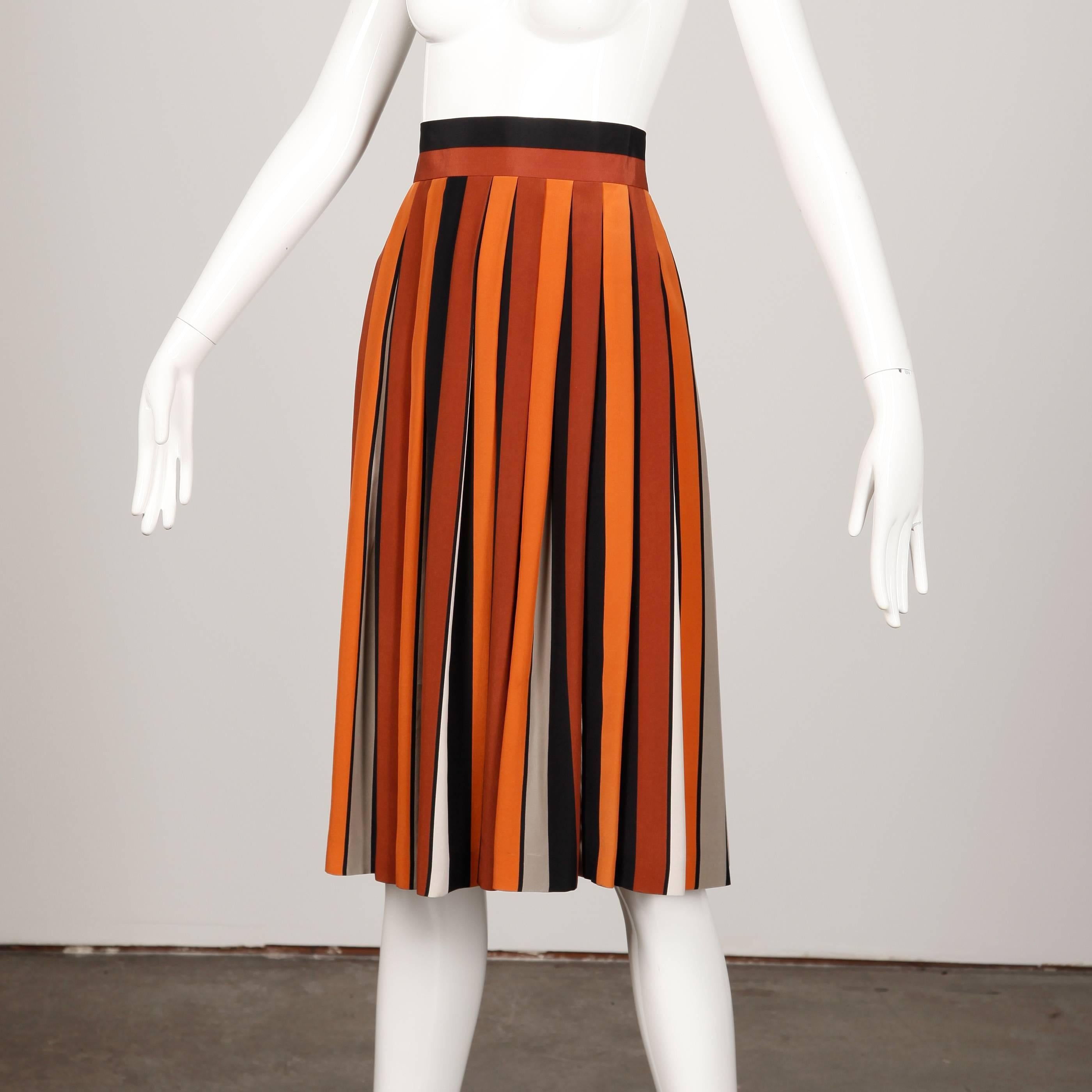 Red 1970s Givenchy Vintage Pleated Silk Striped Color Block Black Rust Orange Skirt