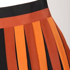 1970s Givenchy Vintage Pleated Silk Striped Color Block Black Rust Orange Skirt