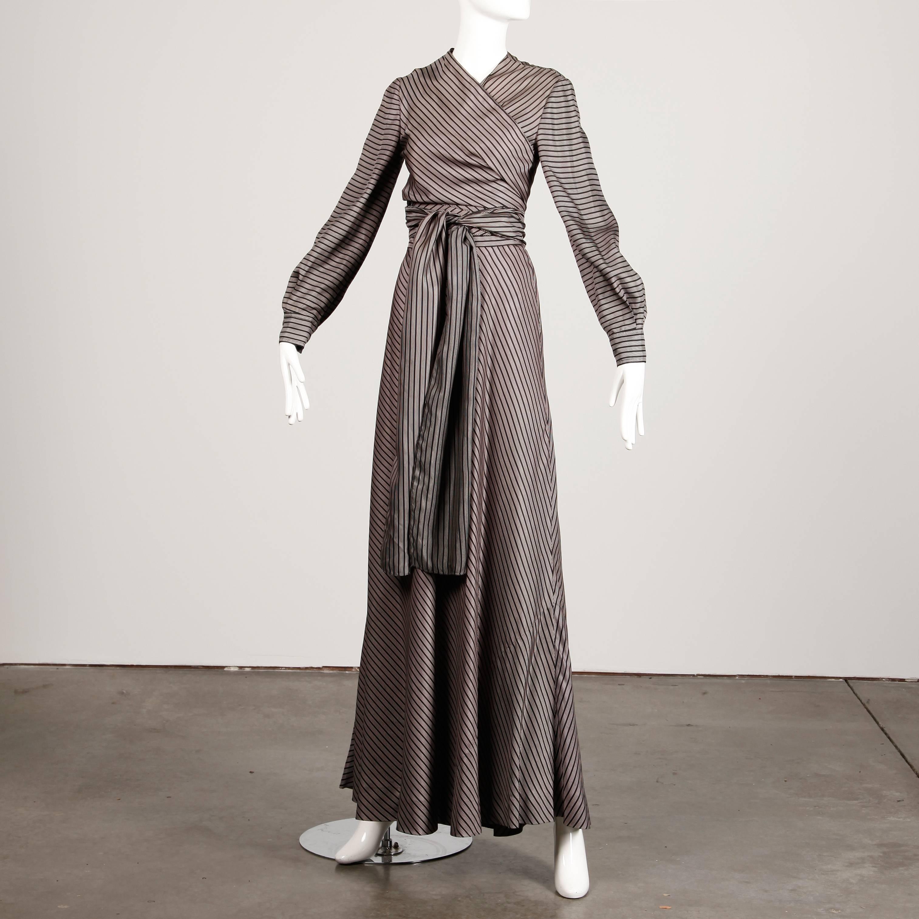Women's Jean Patou 1970s Vintage Silk Striped Wrap Top + Maxi Skirt Dress Ensemble