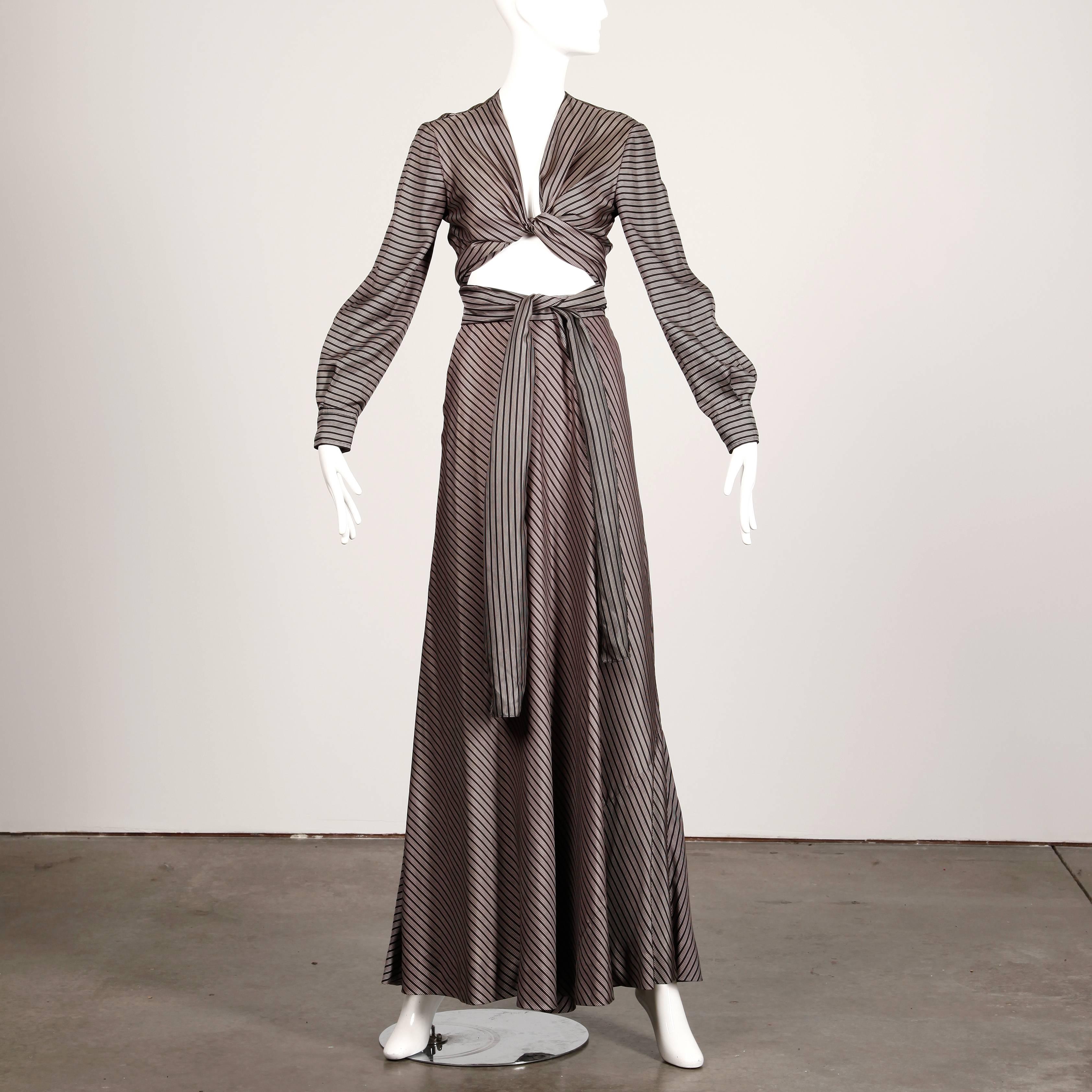 Gray Jean Patou 1970s Vintage Silk Striped Wrap Top + Maxi Skirt Dress Ensemble