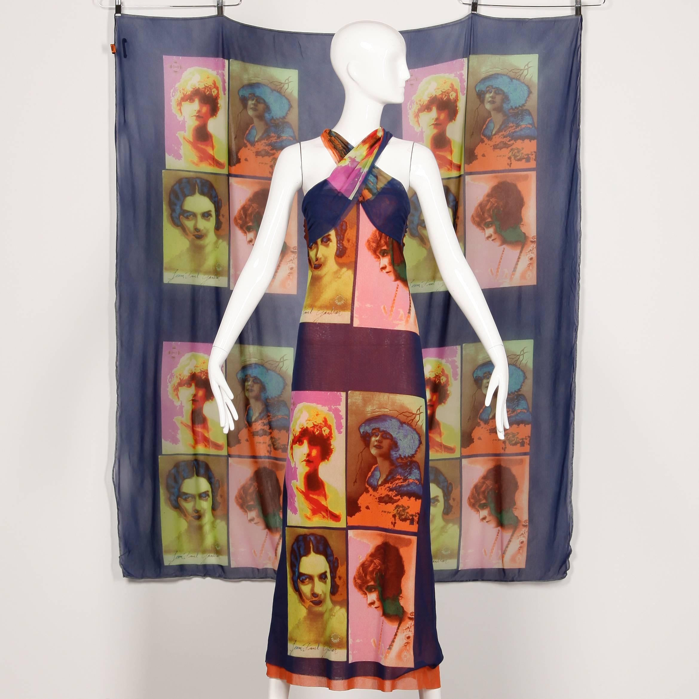 Colorful and iconic! Jean Paul Gaultier mesh dress and wrap ensemble that can be worn together or separately featuring a vibrant portrait print. Gaultier signature throughout both pieces. The dress is fully lined with a marked size medium. It will