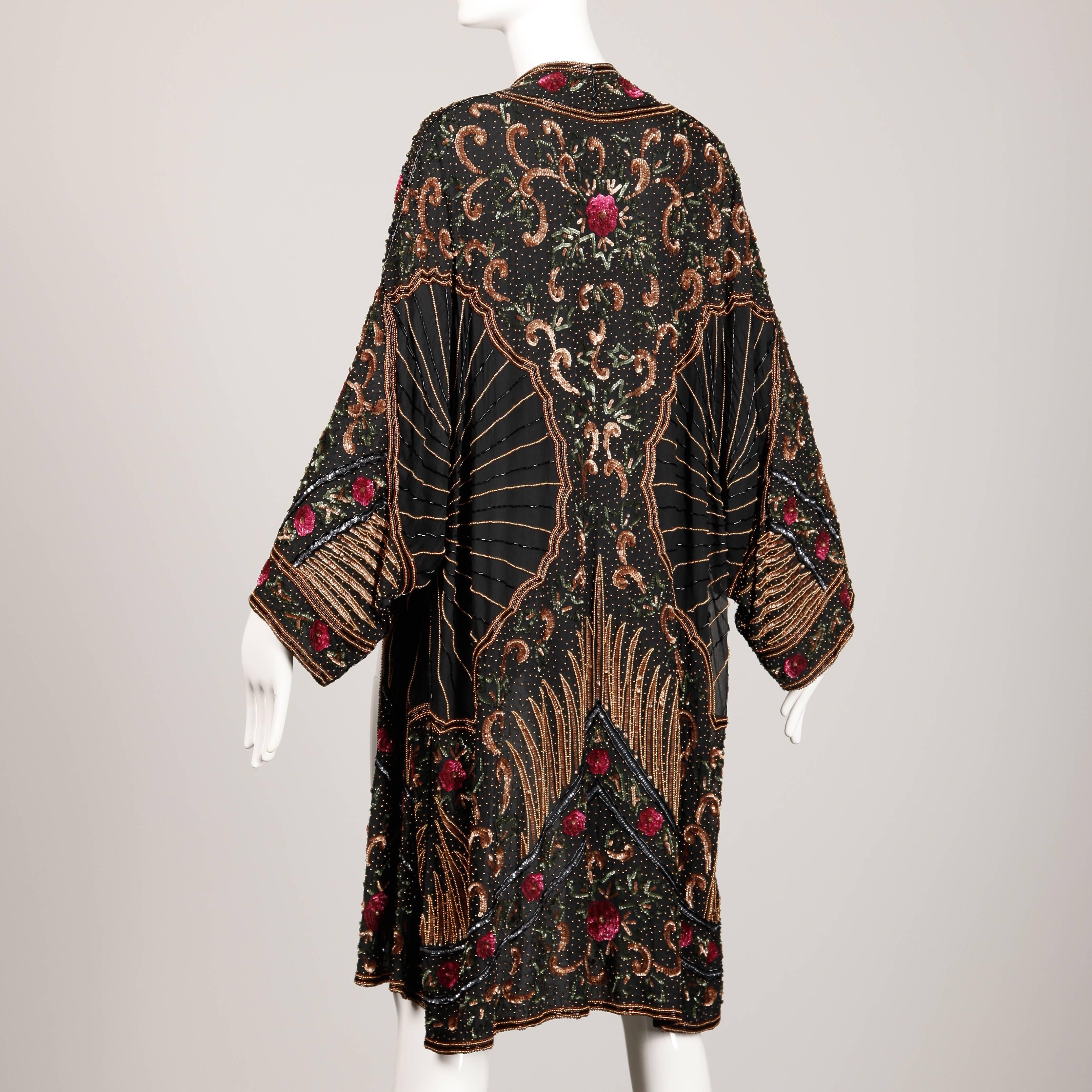 Black Judith Ann Vintage Sequin + Beaded Silk Kimono Jacket or Duster