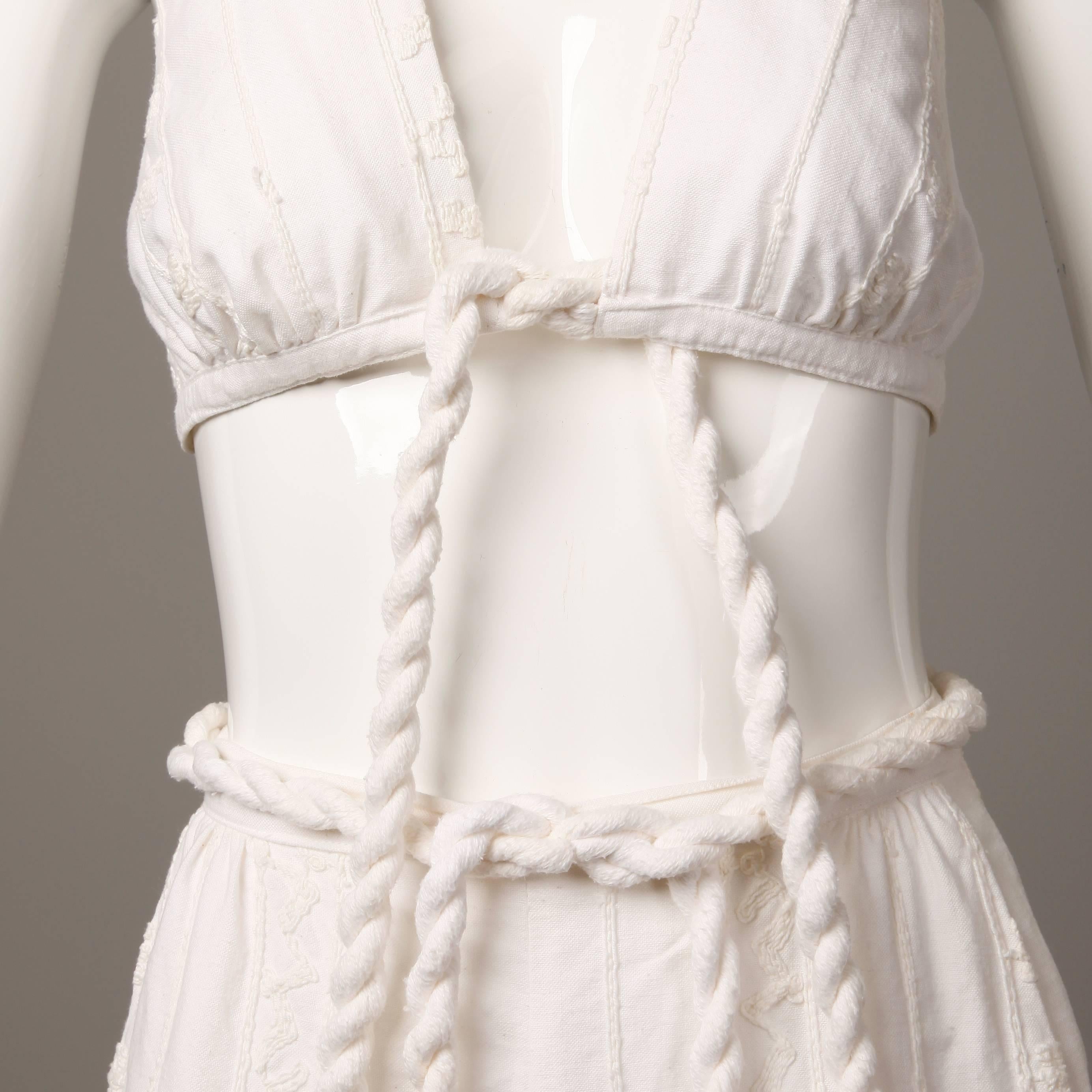 Gray 1970s Vintage White Cotton Bikini Top + Maxi Skirt Ensemble