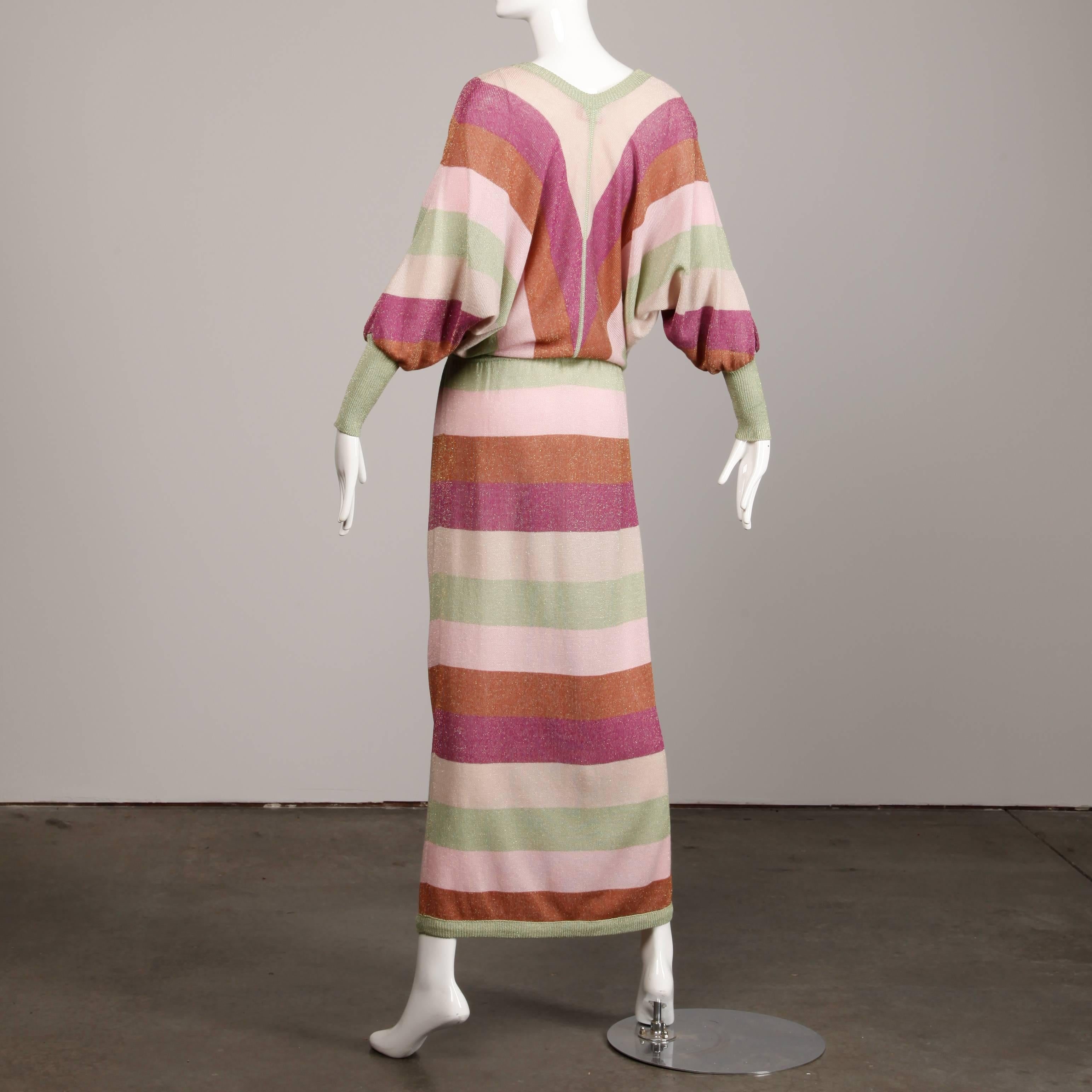 Brown 1980s Laura Biagiotti Vintage Metallic Striped Knit Dress