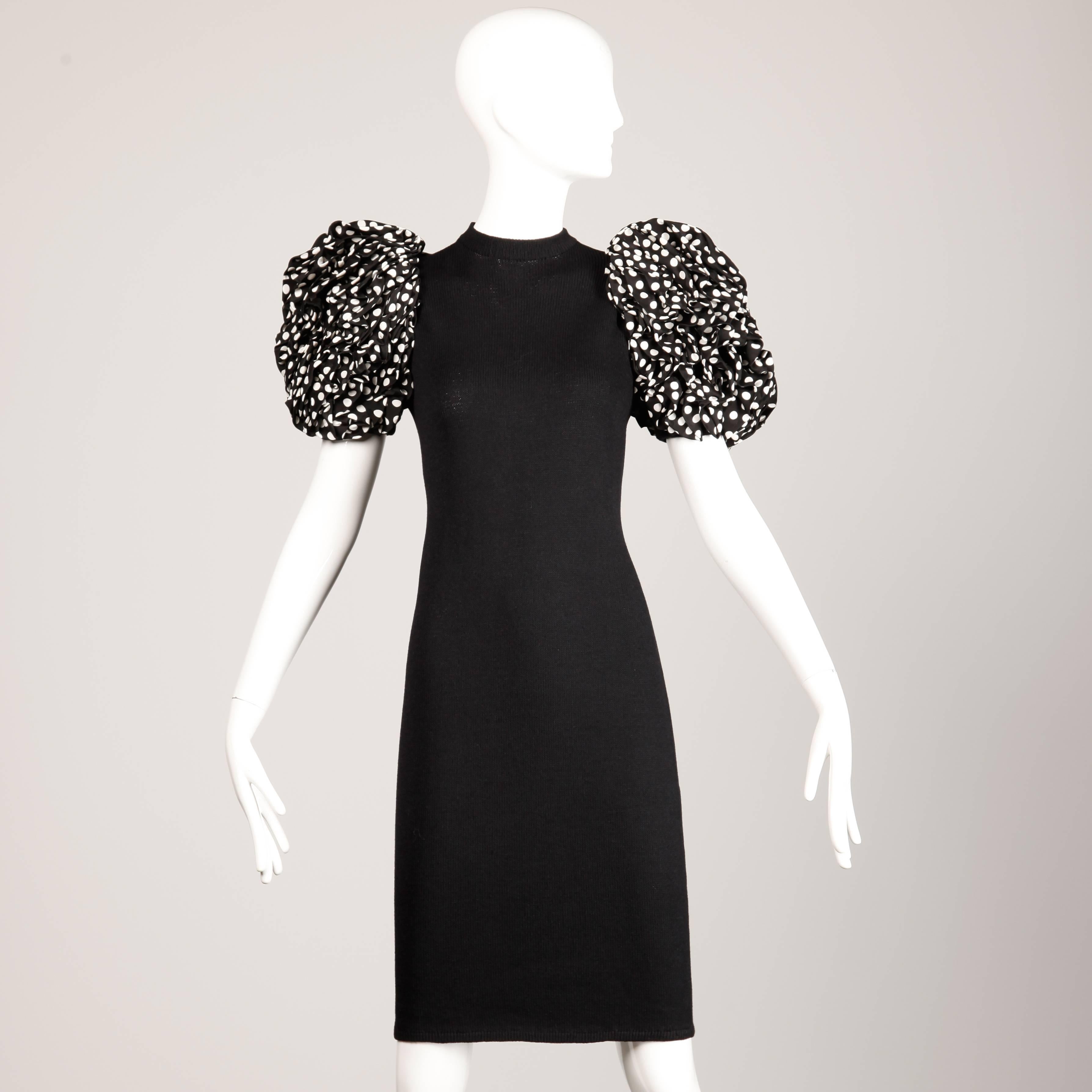 1980s St. John Vintage Black Knit Dress with Huge Polka Dot Silk Sleeves In Excellent Condition In Sparks, NV