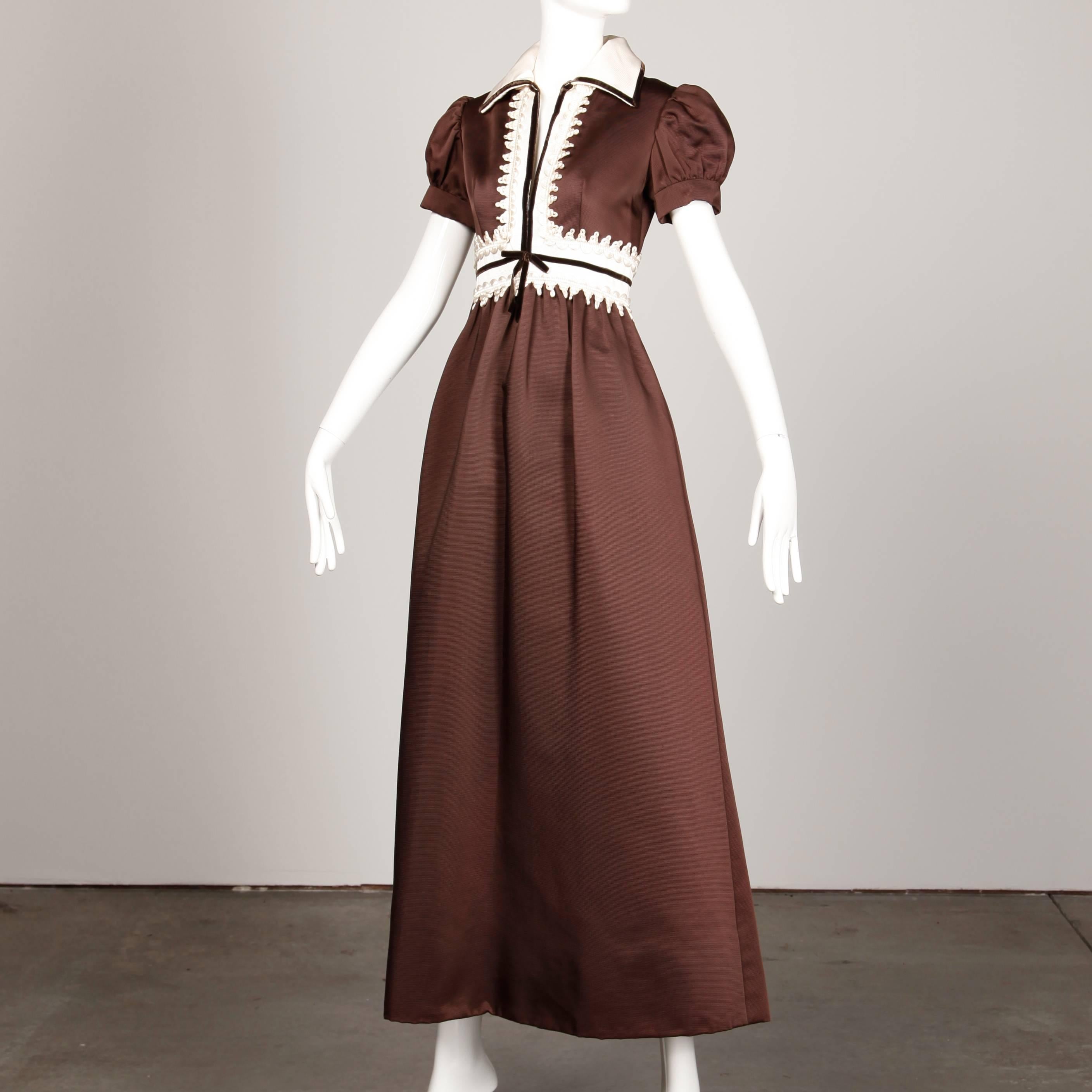 Black 1970s Oscar de la Renta Vintage Brown Satin Maxi Dress