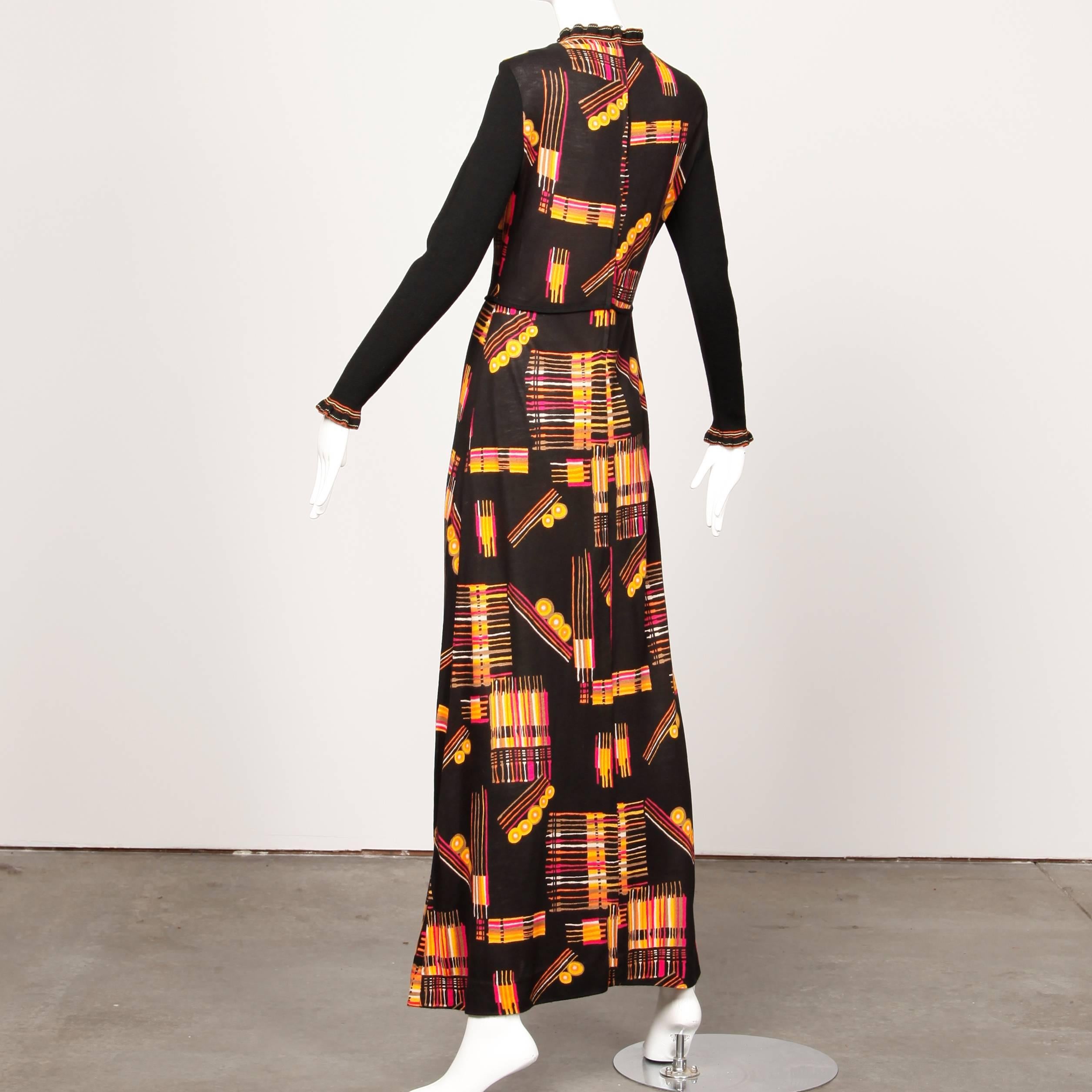 Black 1970s Vintage 100% Wool Knit Maxi Dress with Vibrant Mid-Century Print
