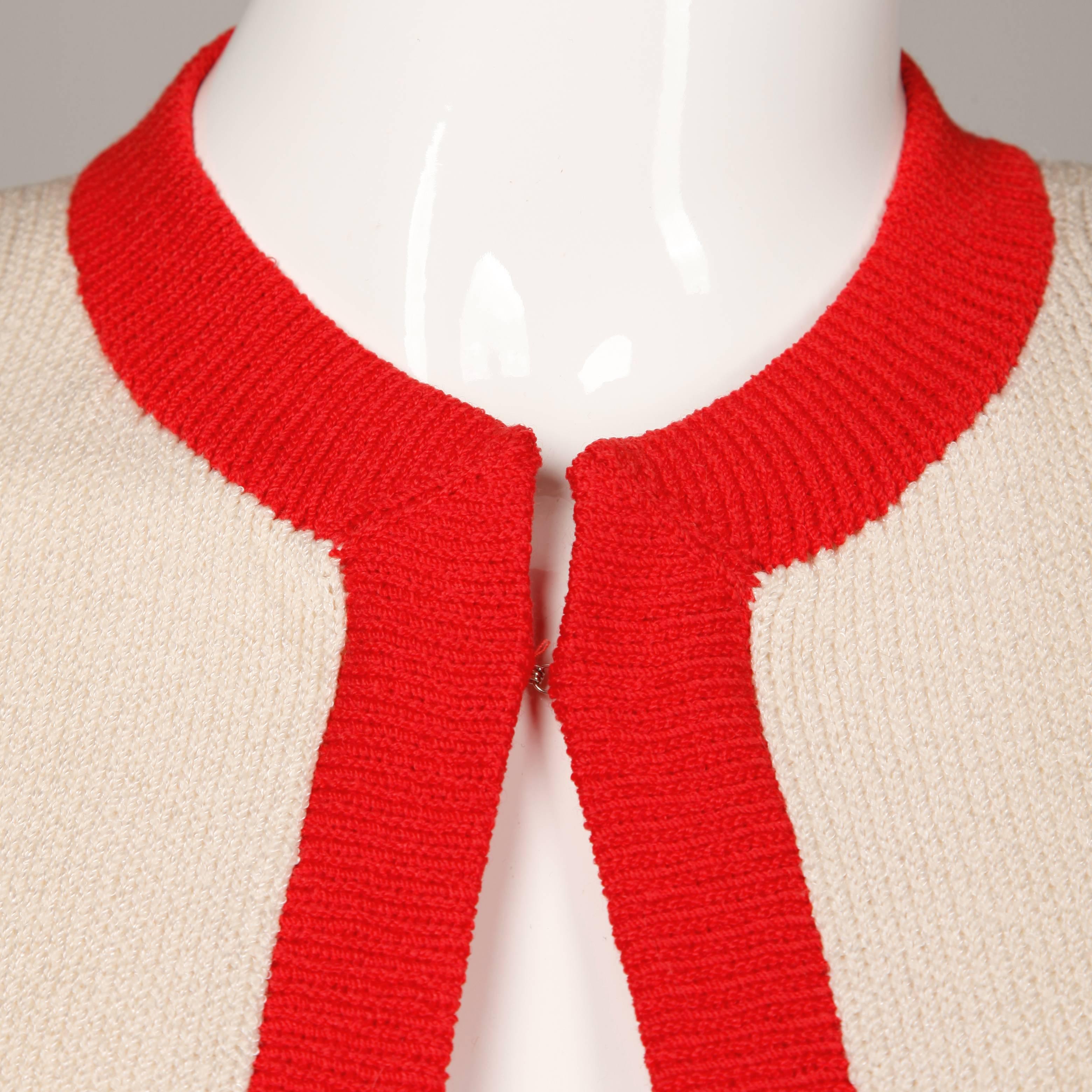 Beige St. John Vintage Red + White Knit Cardigan Sweater Jacket