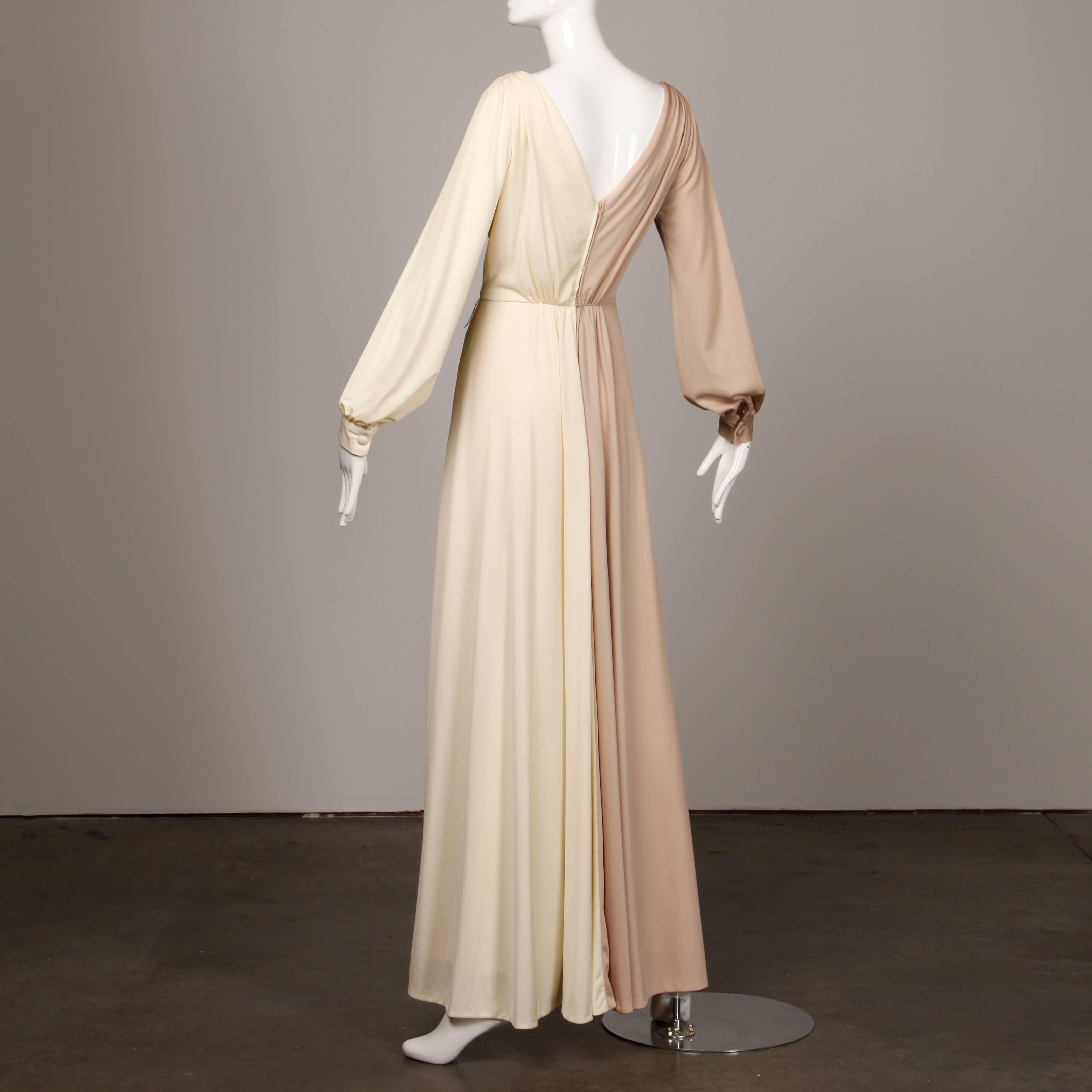 Brown 1970s Estevez Vintage Two-Tone Goddess Maxi Dress with Plunging Neckline