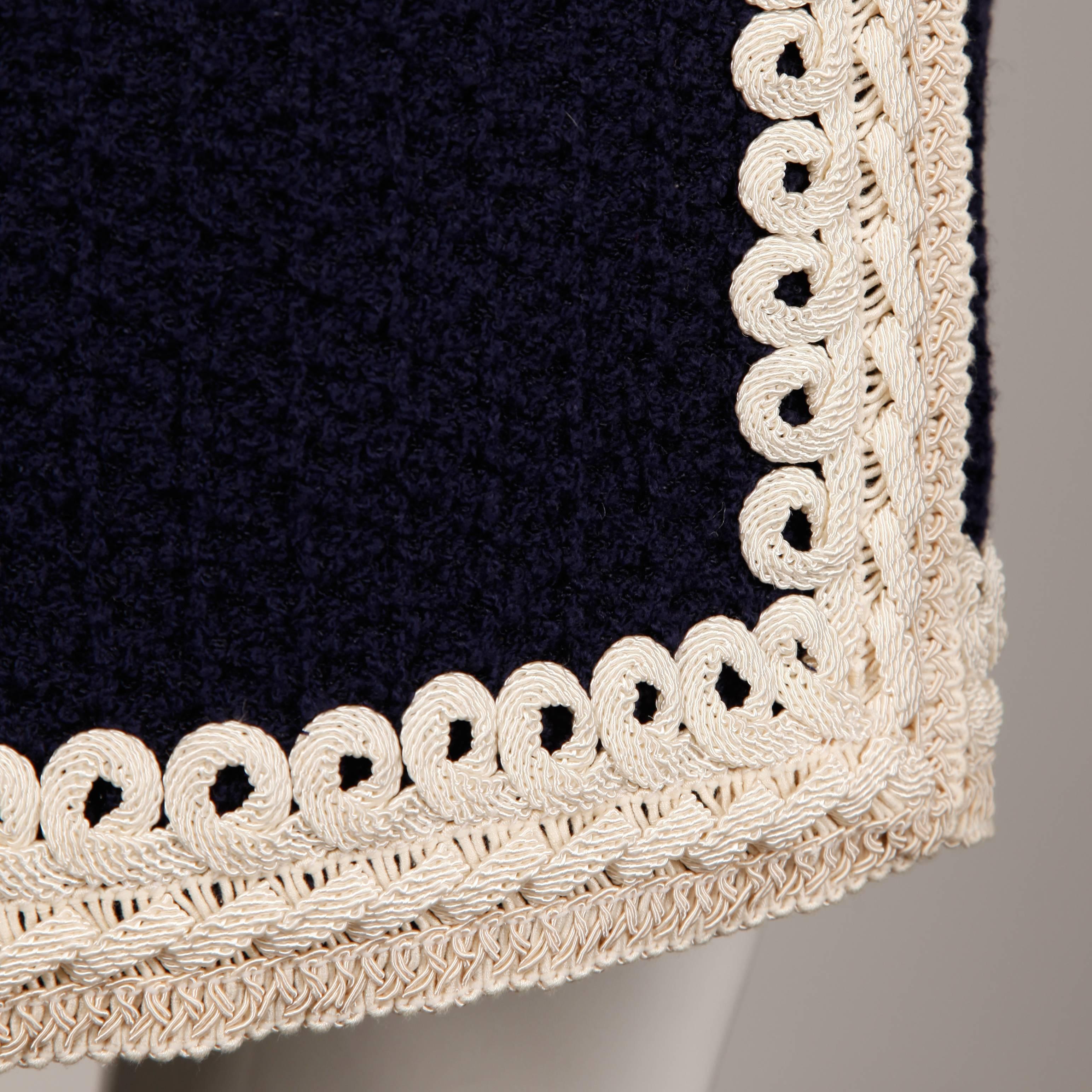 White Adolfo Vintage Navy Blue + Ivory Wool Knit Pencil Skirt