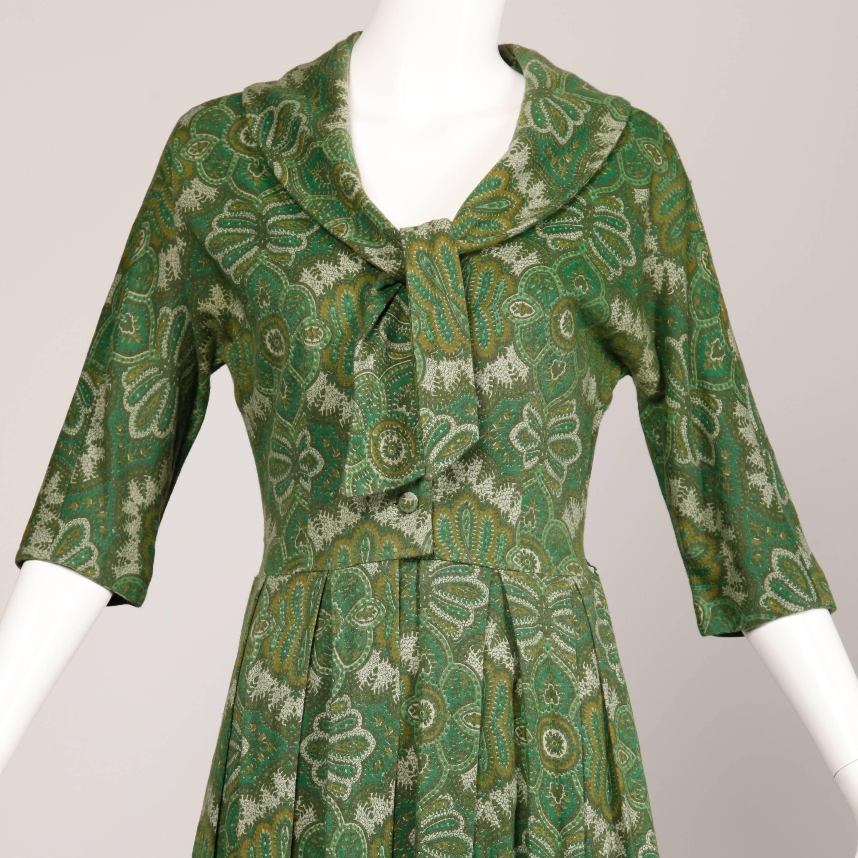 Women's 1950s Jerry Gilden Vintage Green Paisley Wool Pleated Dress with Ascot Tie