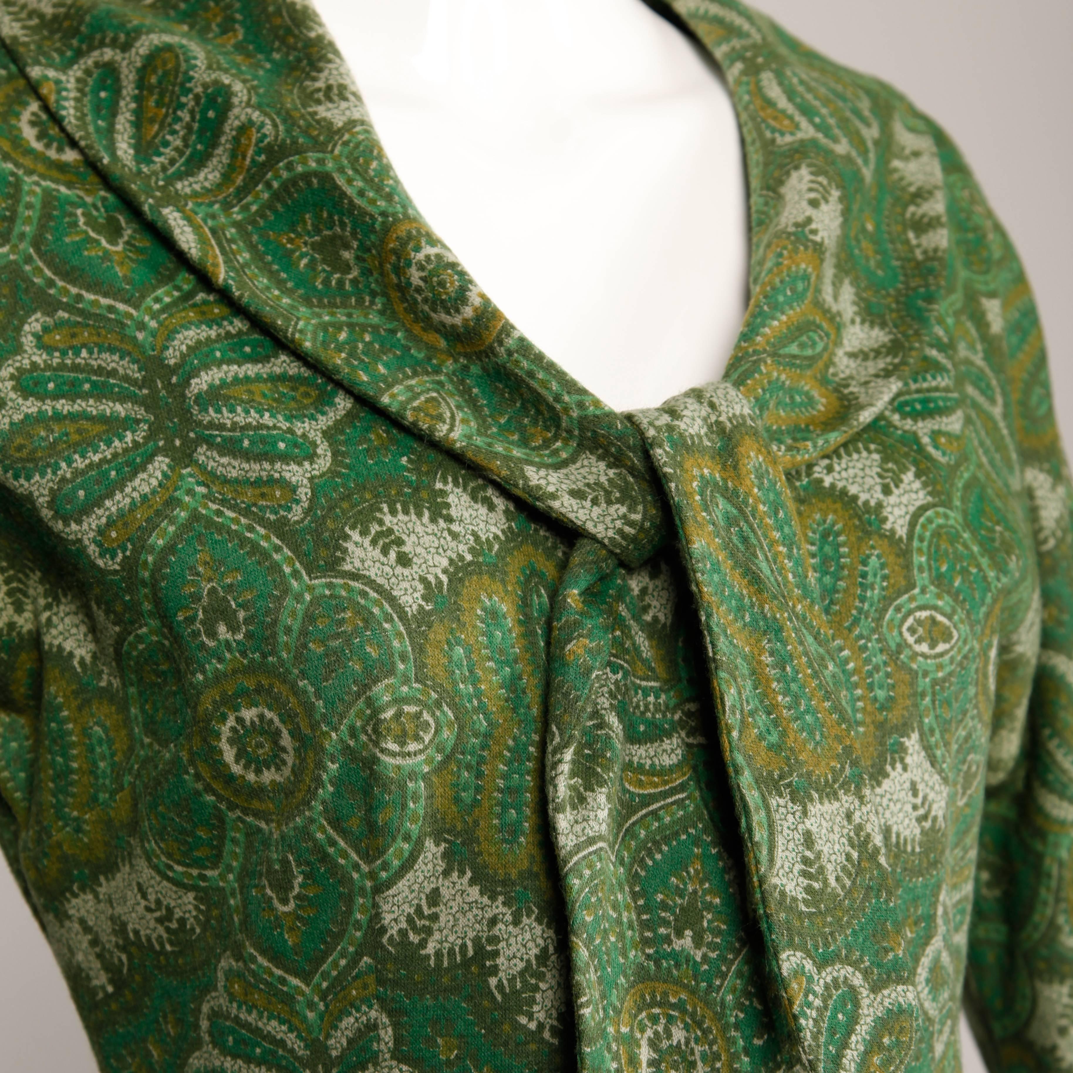1950s Jerry Gilden Vintage Green Paisley Wool Pleated Dress with Ascot Tie 1