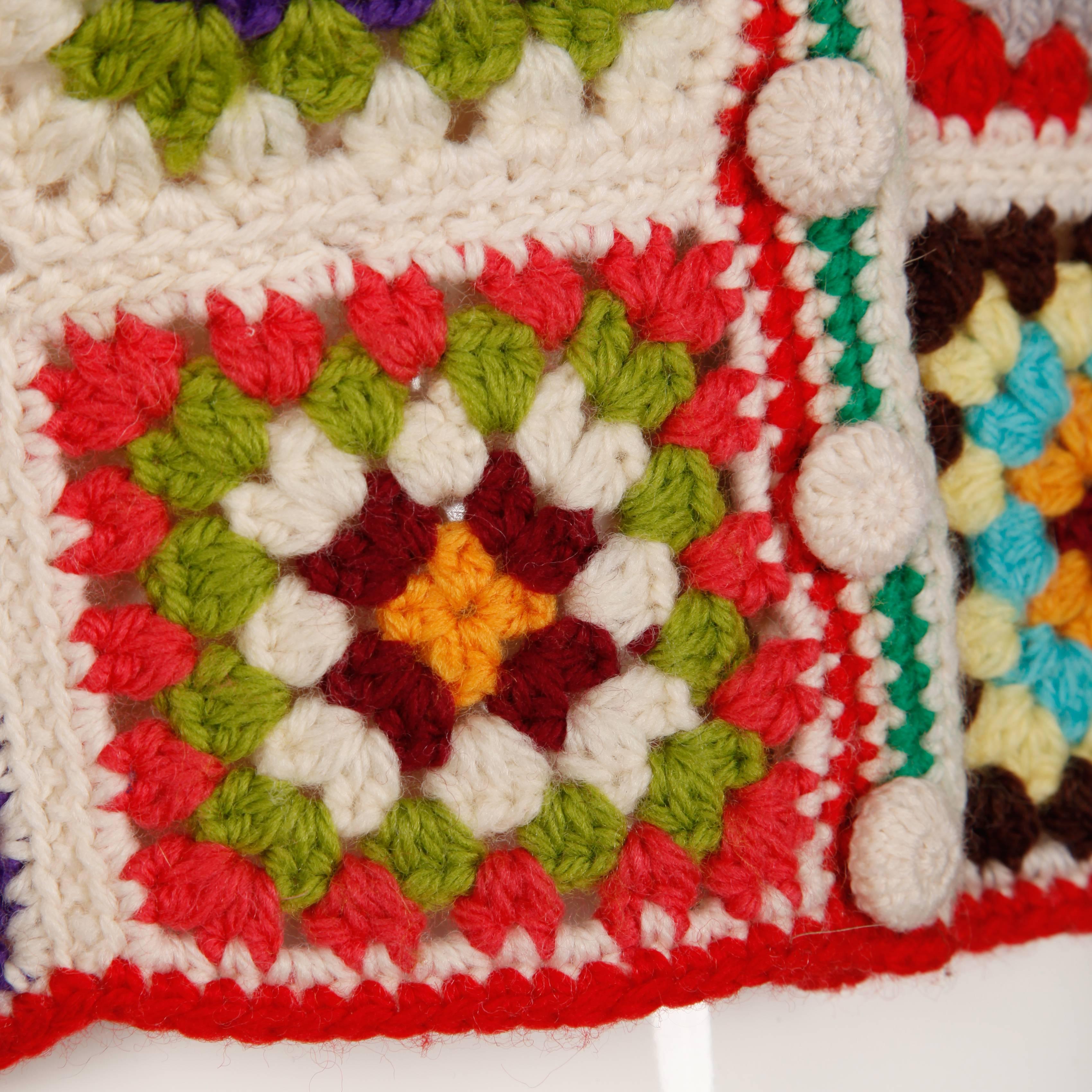 Beige Adolfo Colorful Vintage Wool Granny Squares Hand Crochet Vest Top, 1970s 