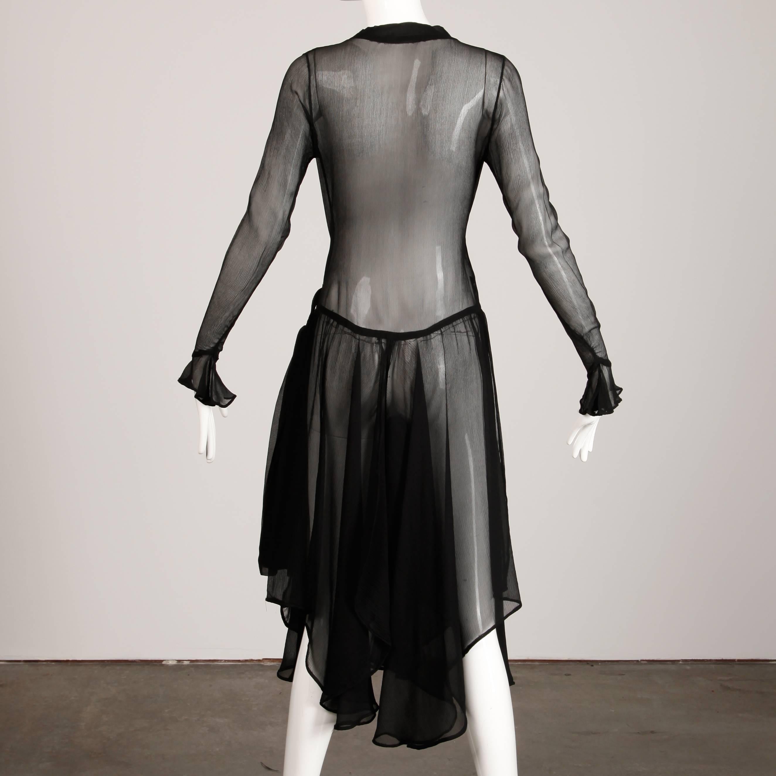 1930s Vintage Black Sheer Silk Asymmetric Flapper Dress In Excellent Condition In Sparks, NV