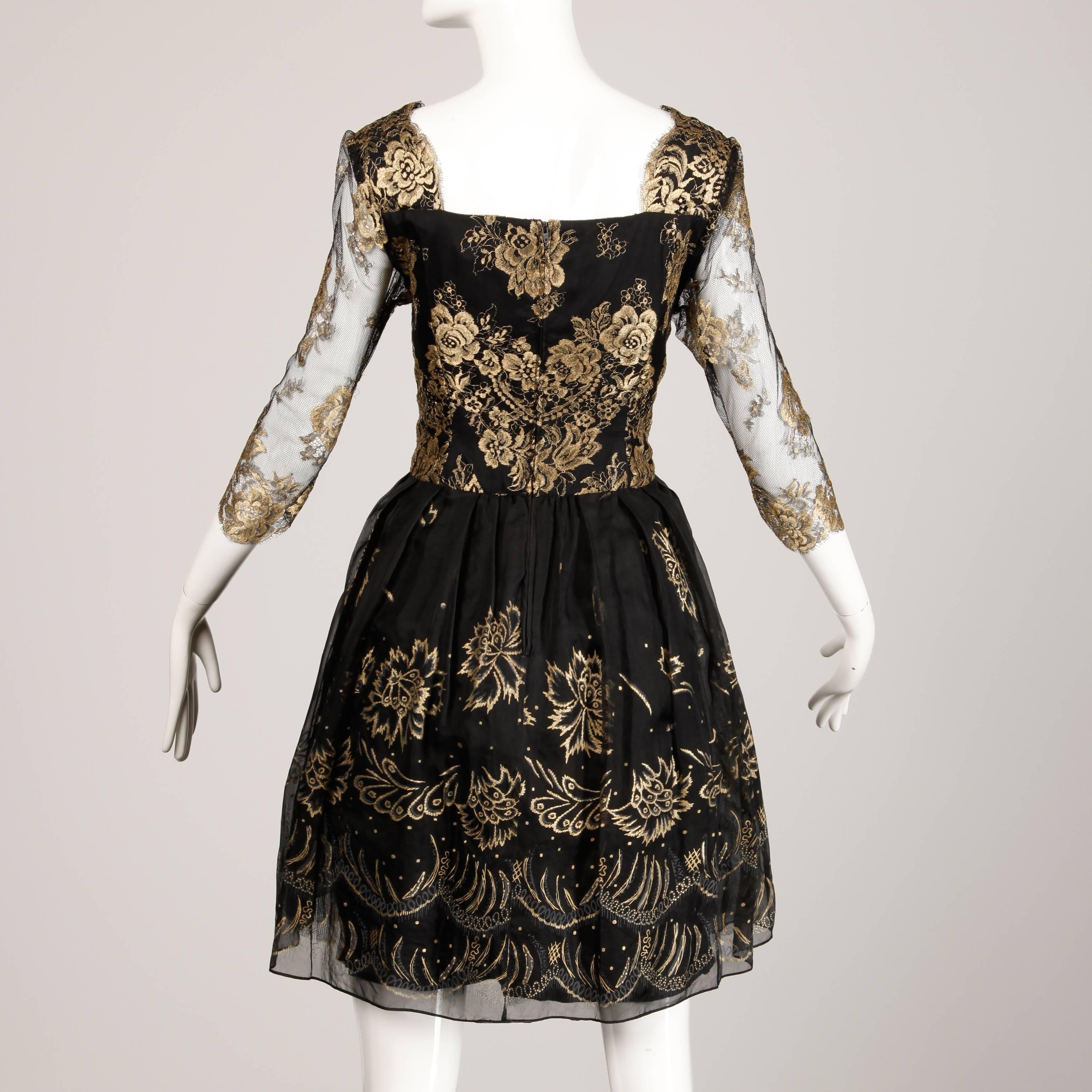 1980s Zandra Rhodes Vintage Metallic Gold Lace + Silk Hand Painted Dress For Sale 1