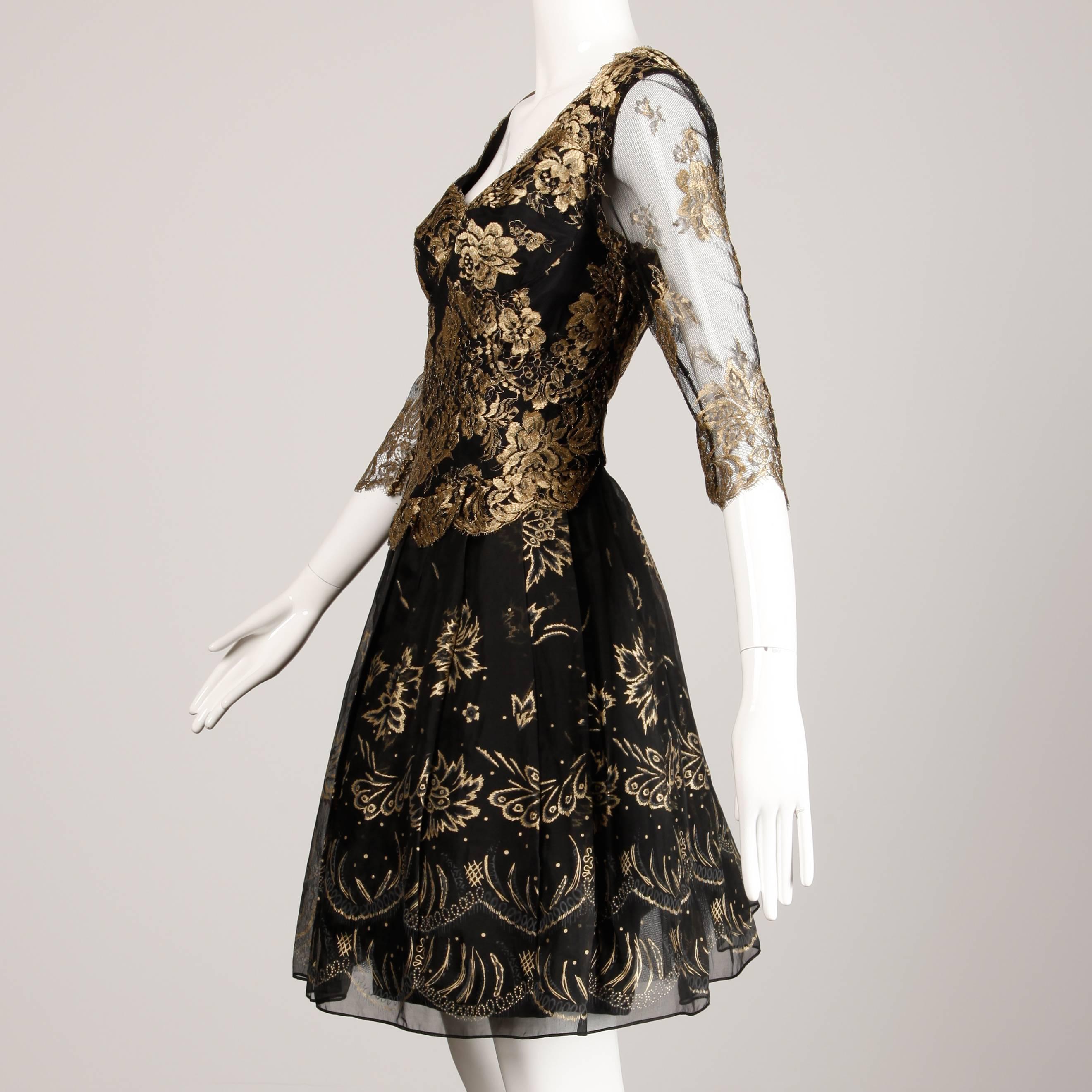 1980s Zandra Rhodes Vintage Metallic Gold Lace + Silk Hand Painted Dress In Excellent Condition For Sale In Sparks, NV
