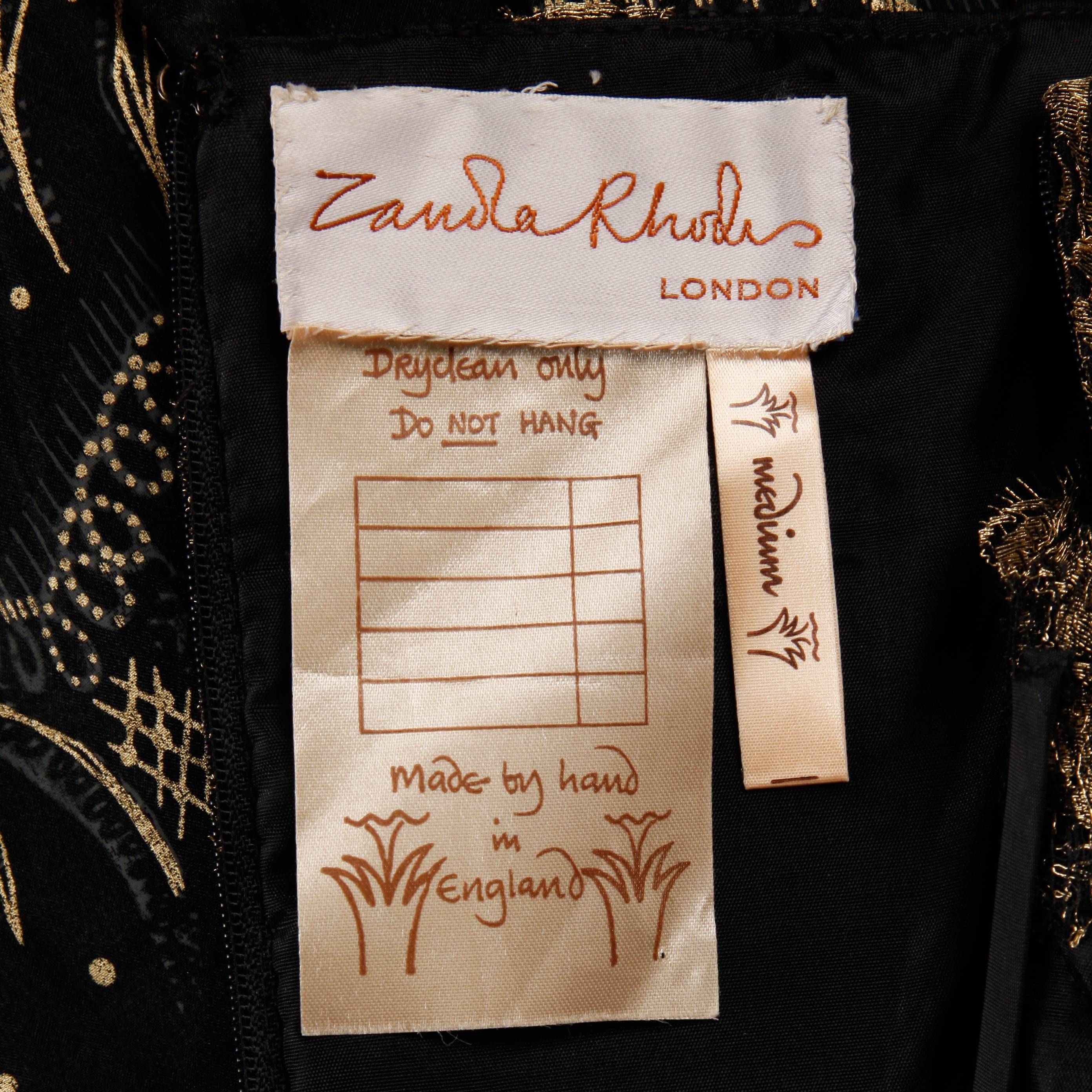 Black 1980s Zandra Rhodes Vintage Metallic Gold Lace + Silk Hand Painted Dress For Sale