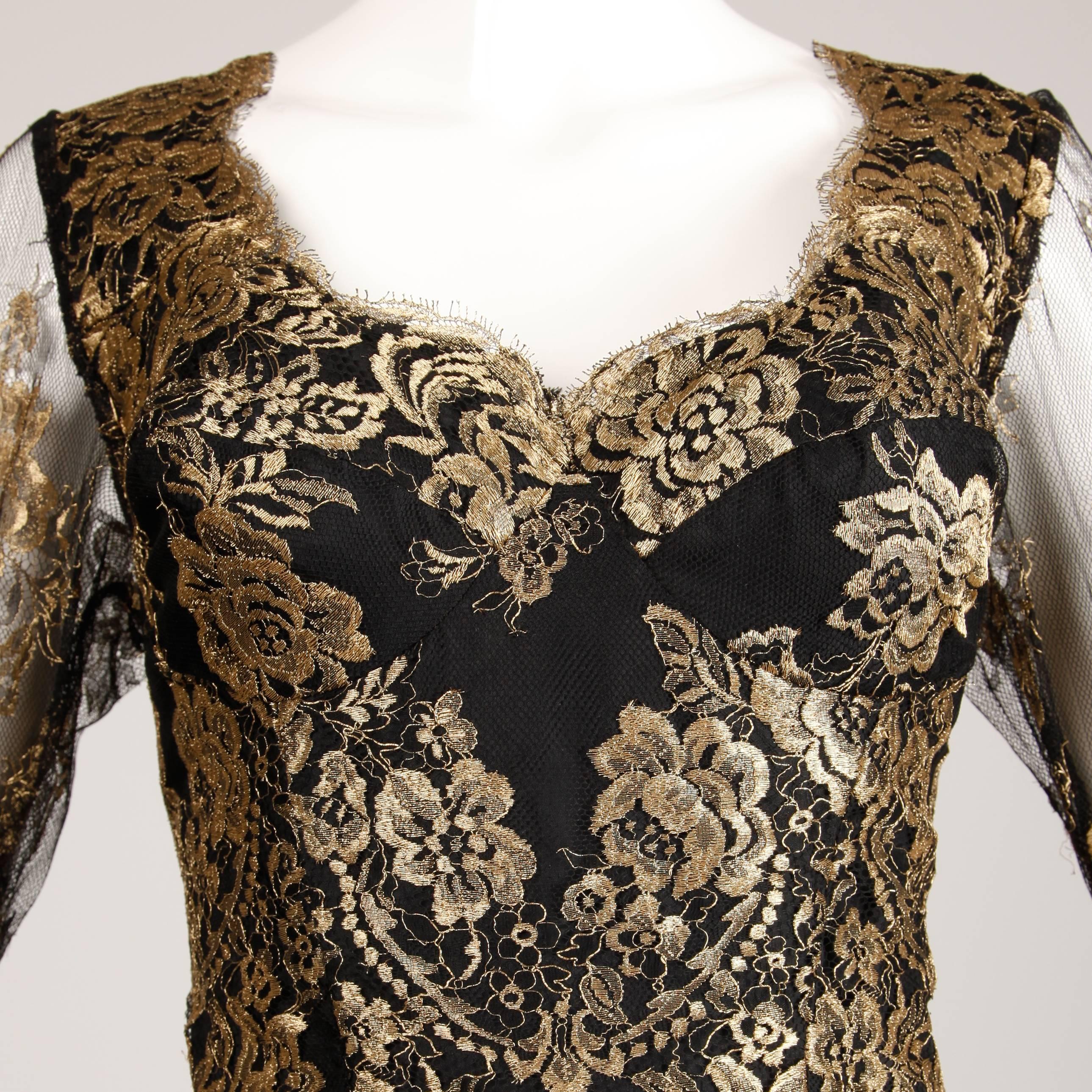 1980s Zandra Rhodes Vintage Metallic Gold Lace + Silk Hand Painted Dress For Sale 2