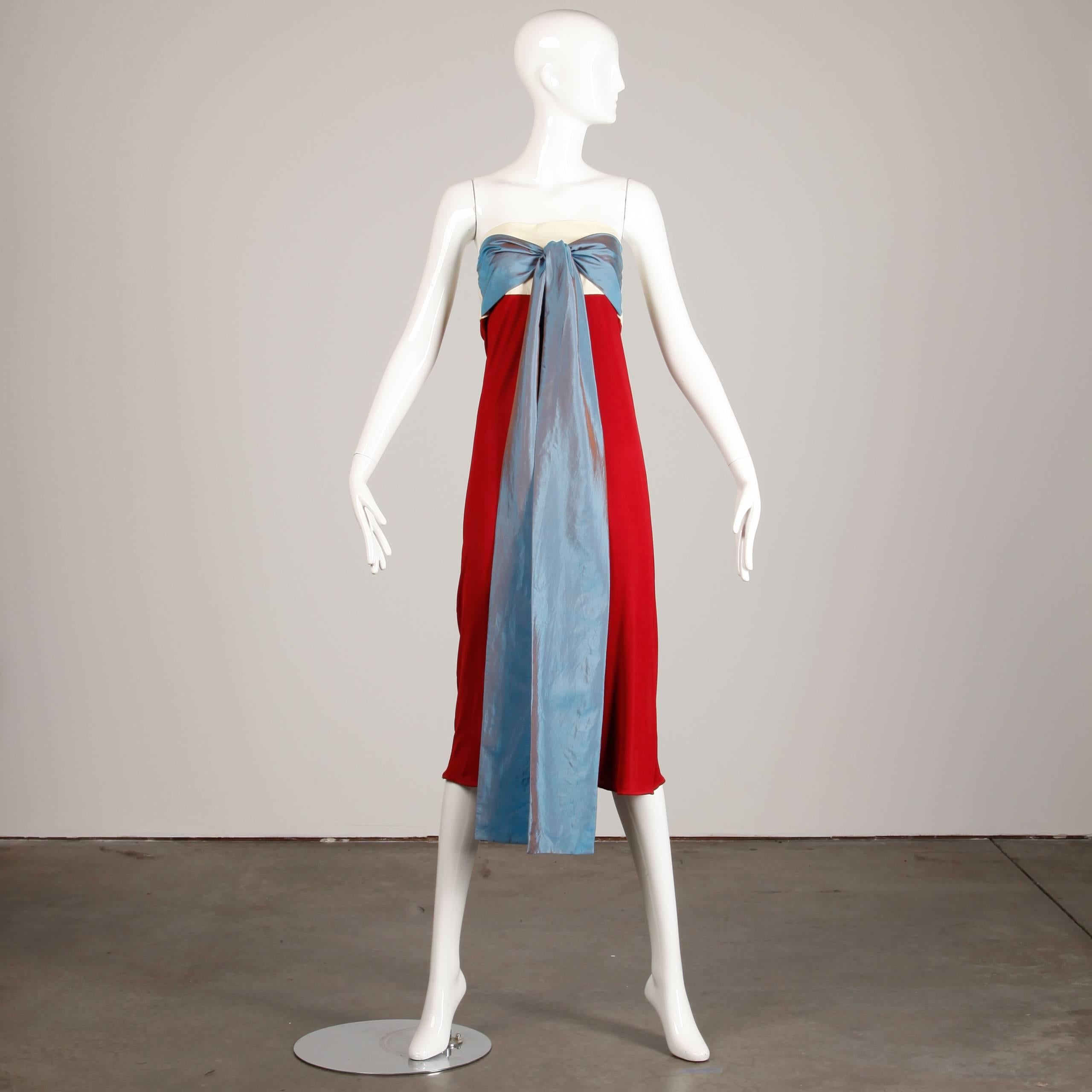 Blue Jean Paul Gaultier Vintage Color Block Strapless Dress with Silk Tie, 1990s 