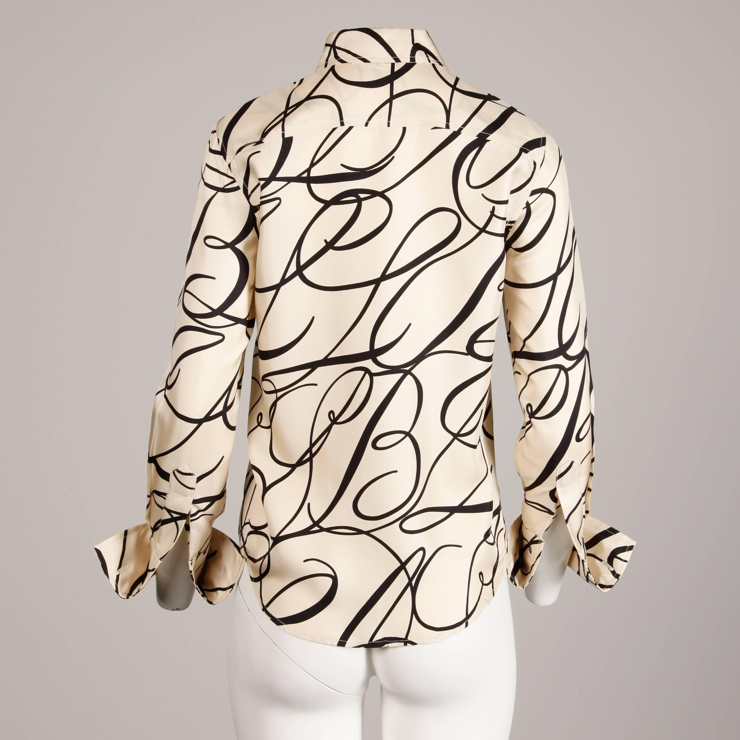 Women's Bill Blass Attributed Vintage Silk Scroll Print Blouse or Button Up Top / Shirt