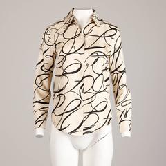 Bill Blass Attributed Vintage Silk Scroll Print Blouse or Button Up Top / Shirt