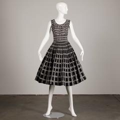 1950s Vintage Black + White Cotton Patio Dress with Rhinestone Flower Appliques