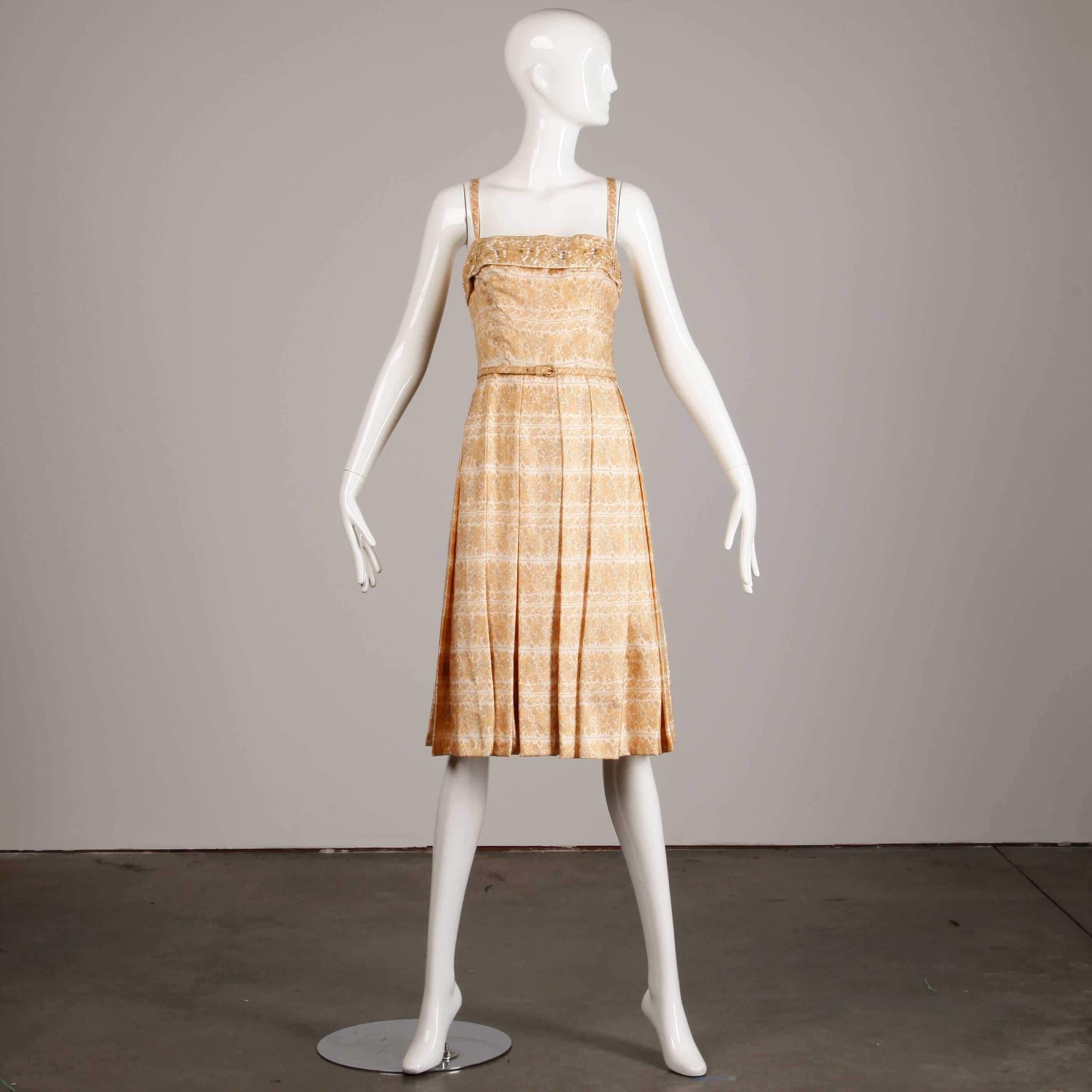 Pristine 1950s Anna Miller Vintage Yellow Floral Print Silk Sequin Dress + Belt In Excellent Condition In Sparks, NV