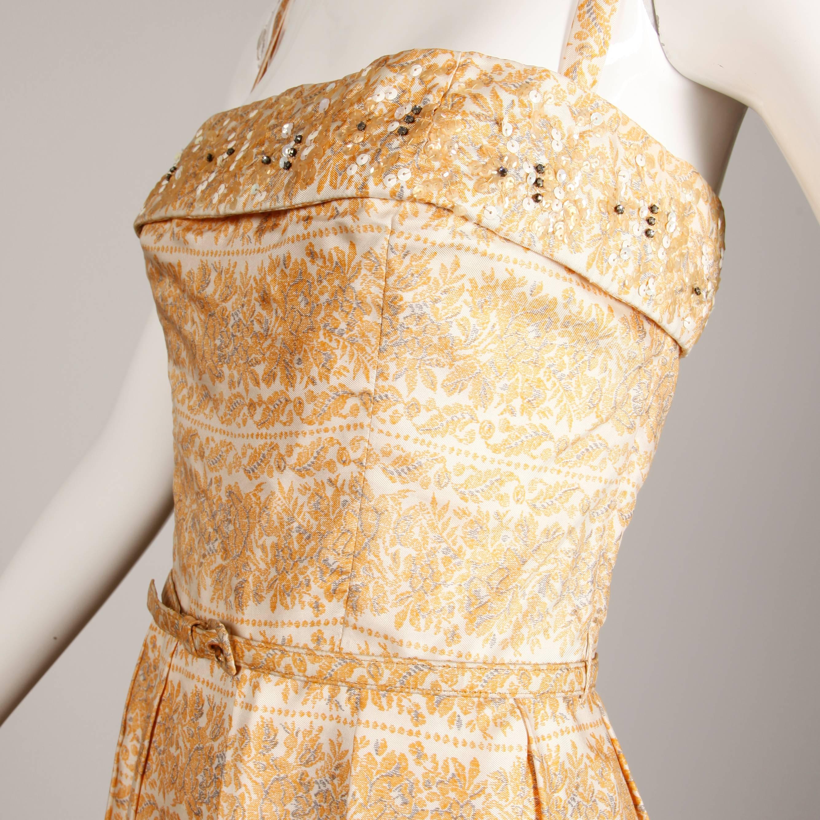 Beige Pristine 1950s Anna Miller Vintage Yellow Floral Print Silk Sequin Dress + Belt