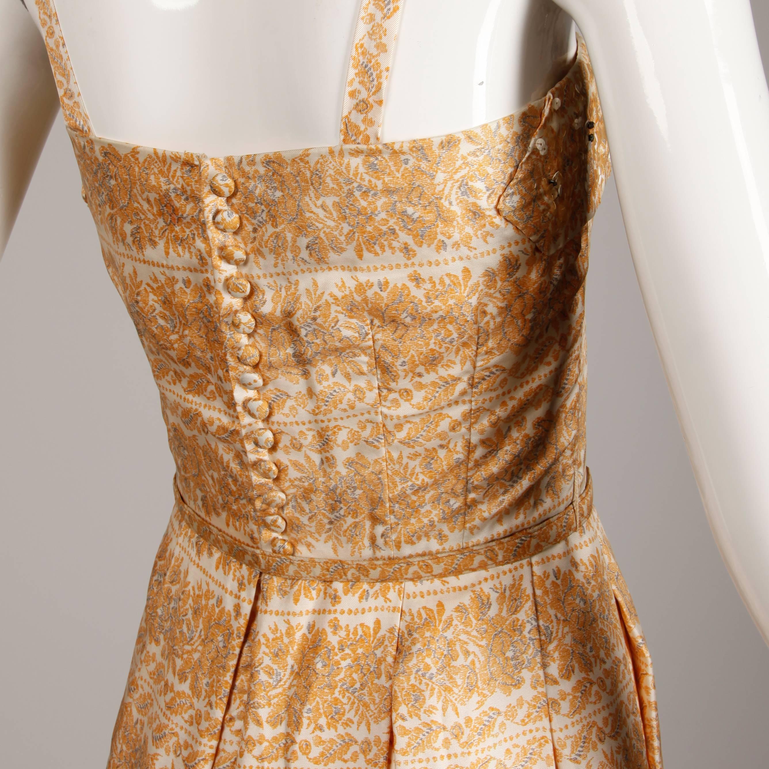 Women's Pristine 1950s Anna Miller Vintage Yellow Floral Print Silk Sequin Dress + Belt
