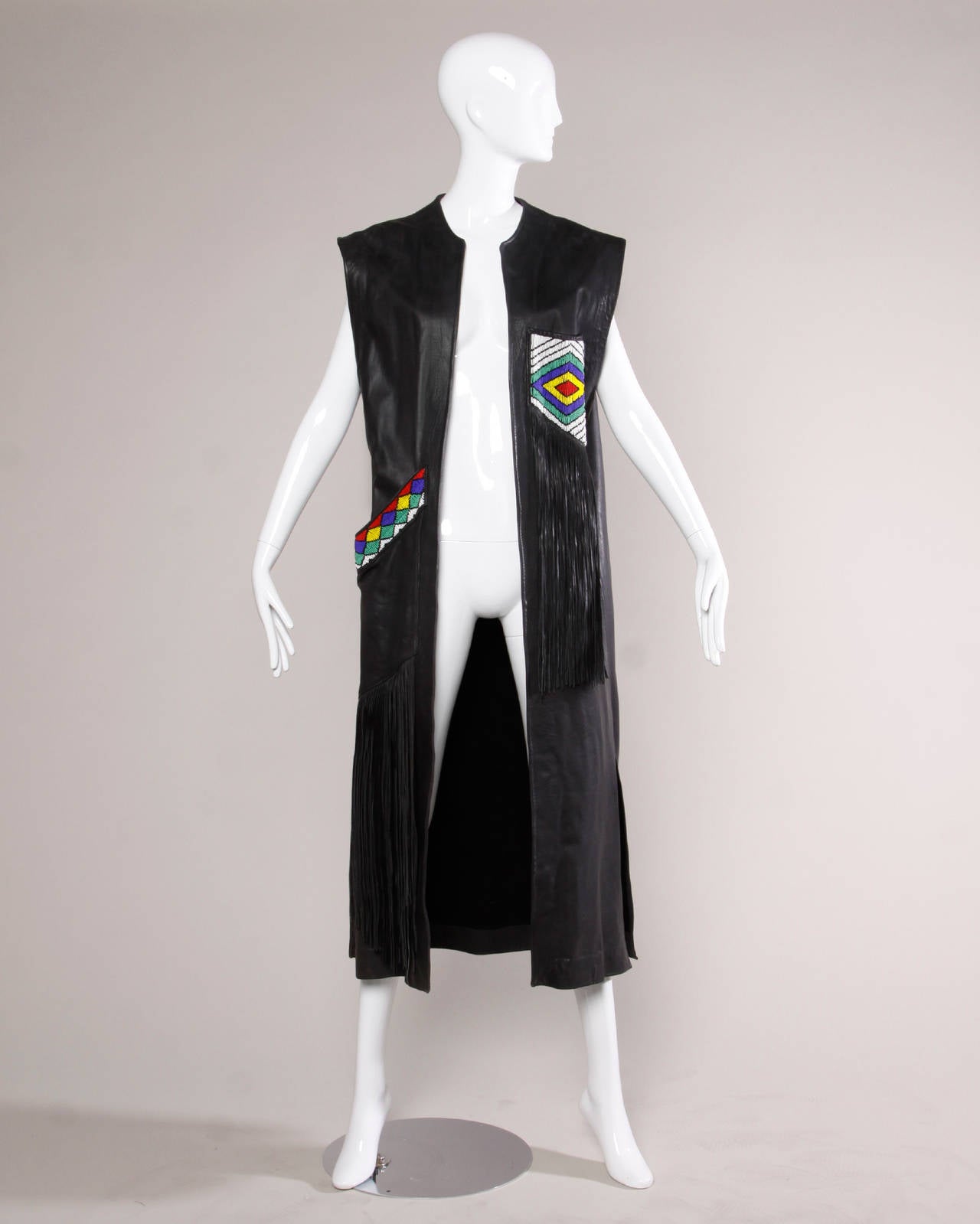 Vintage 1970s 70s Hand-Beaded Leather Statement Vest with Long Fringe 2